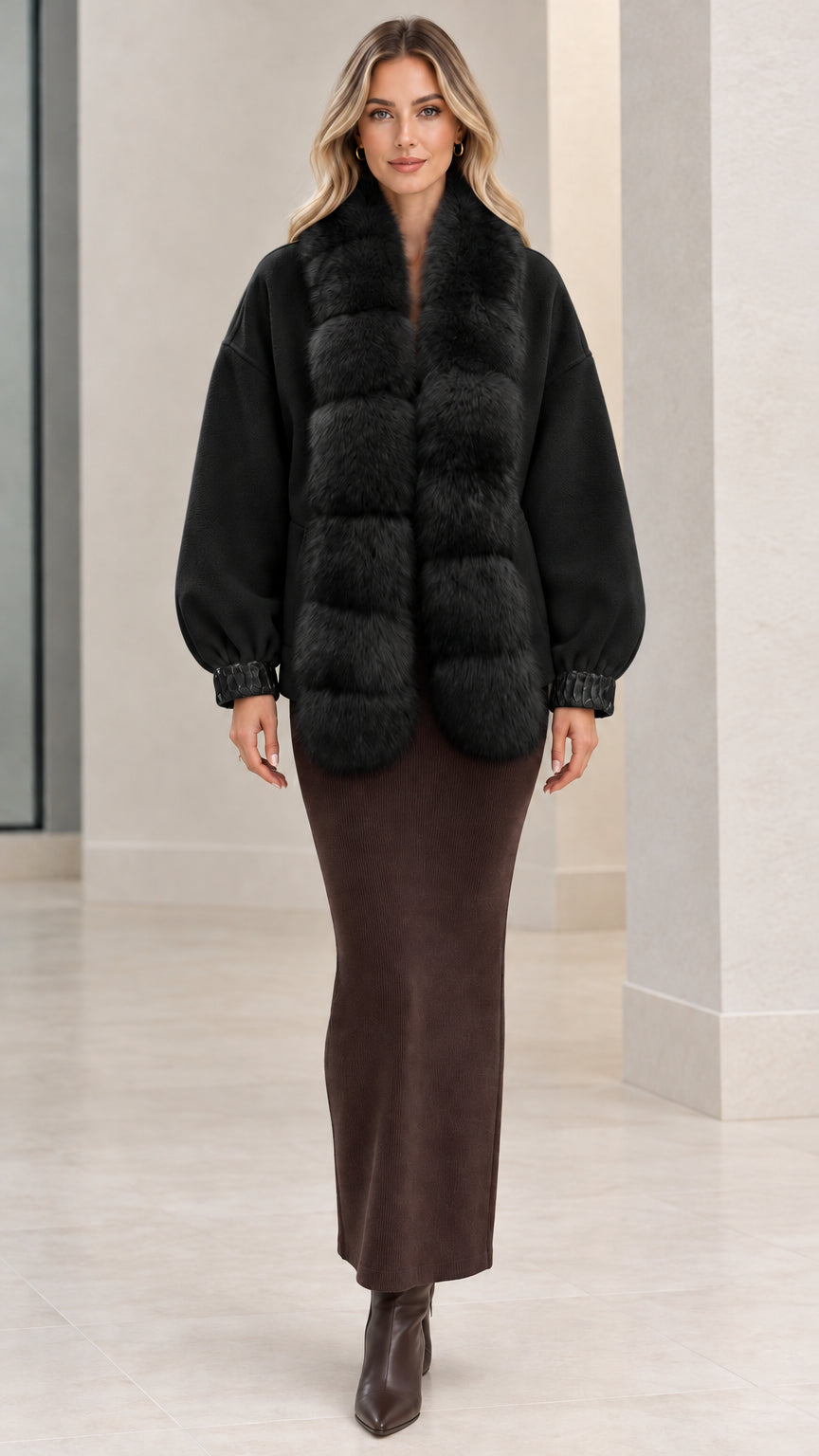 Front view of black faux fur trim jacket