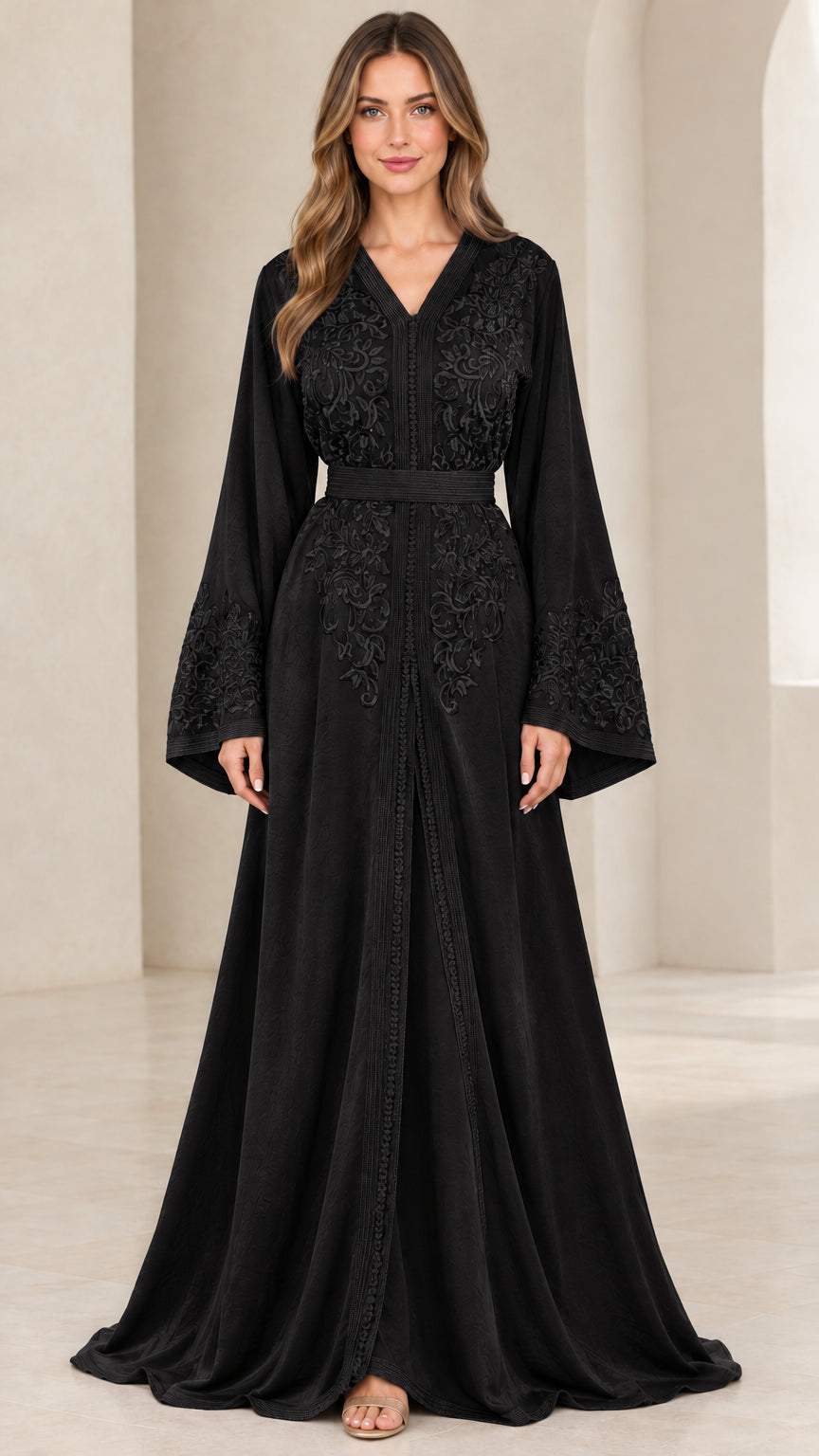 Black embroidered long sleeve kaftan maxi dress front view
