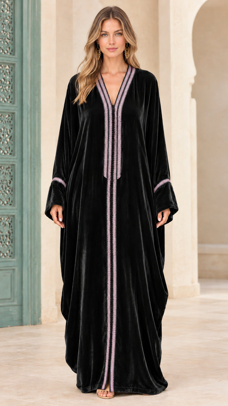 Black embroidered velvet kaftan maxi dress front view