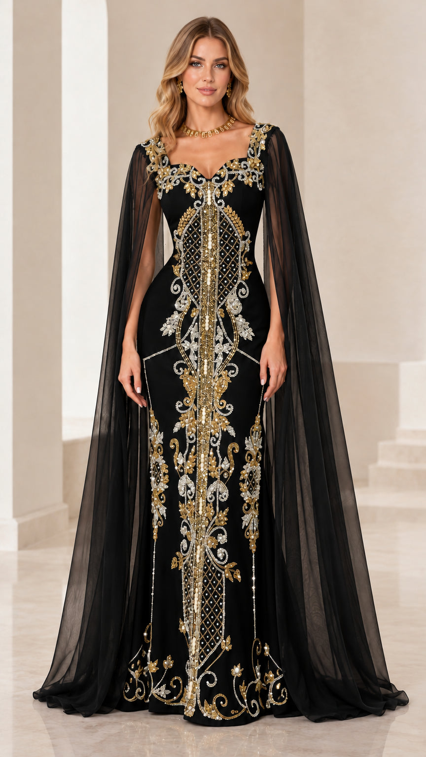 Black embroidered cape sleeve evening gown front view
