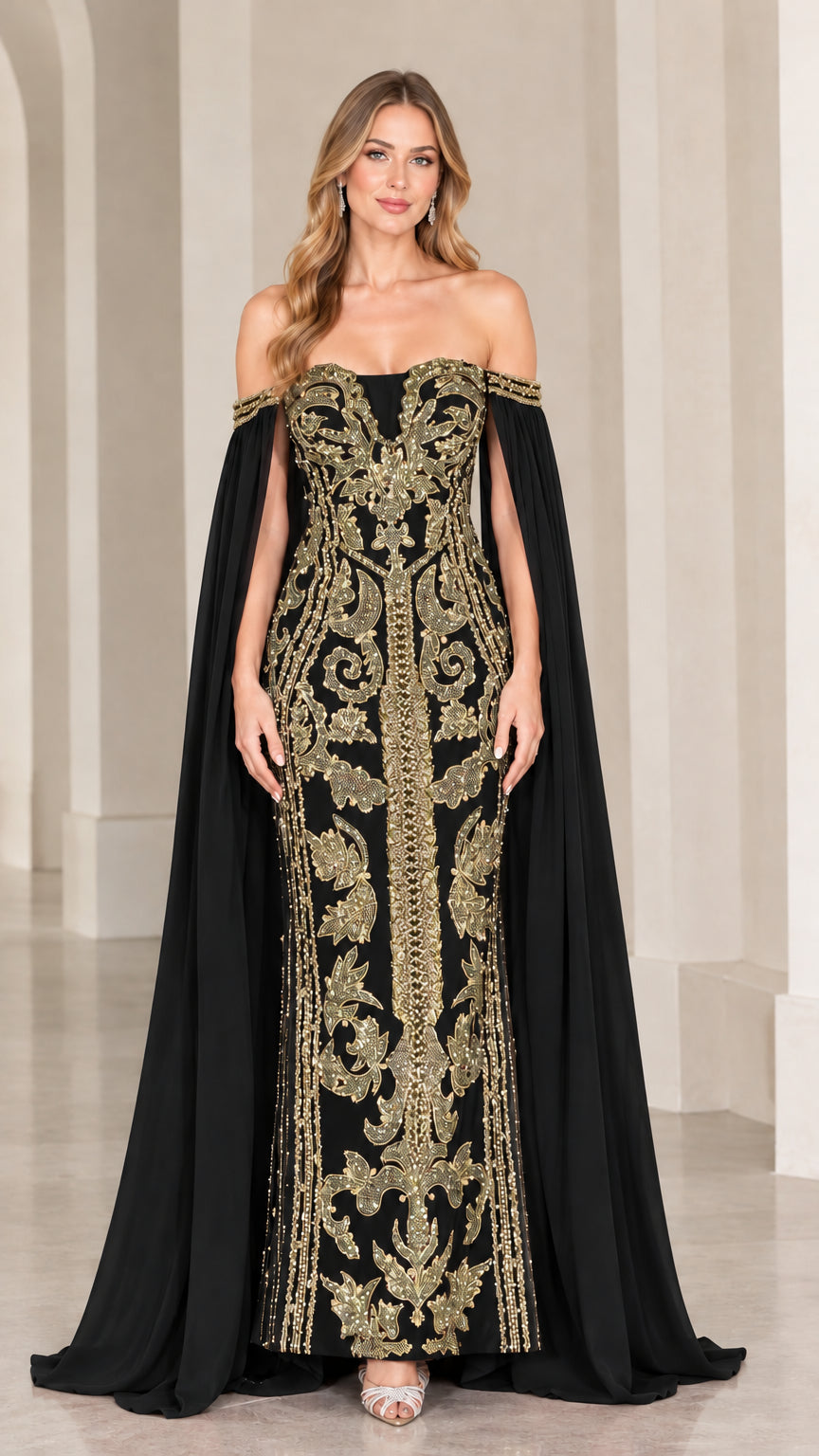 Black and gold off-the-shoulder cape sleeve formal evening dress