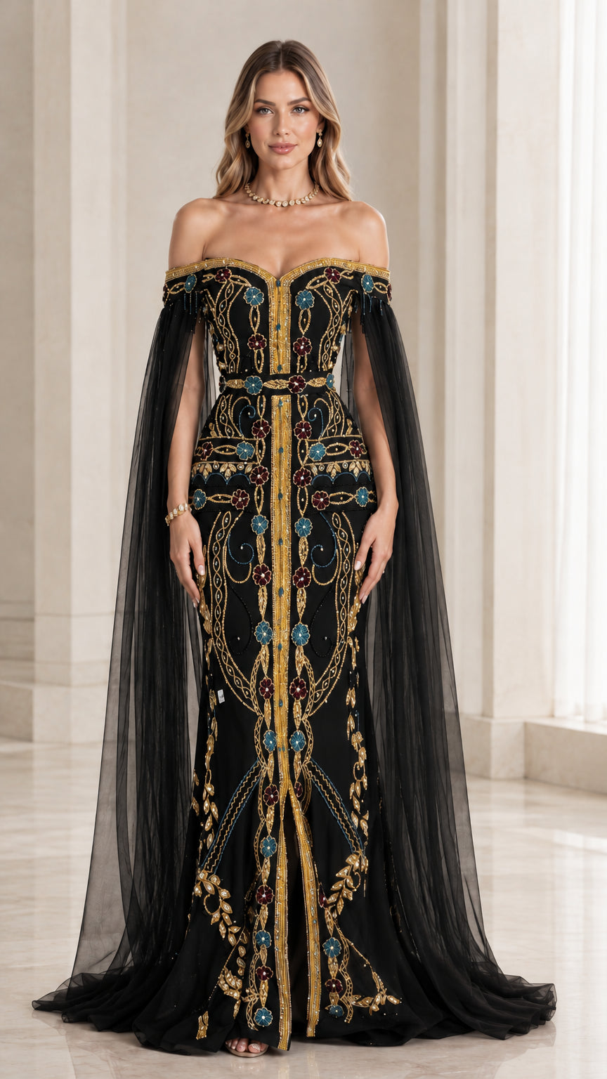 Front view of black off-the-shoulder embroidered evening gown with sheer cape sleeves
