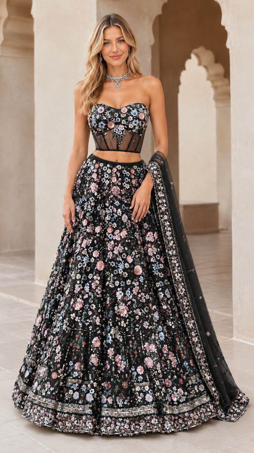 Model wearing black 3D floral embroidered strapless corset lehenga set with dupatta