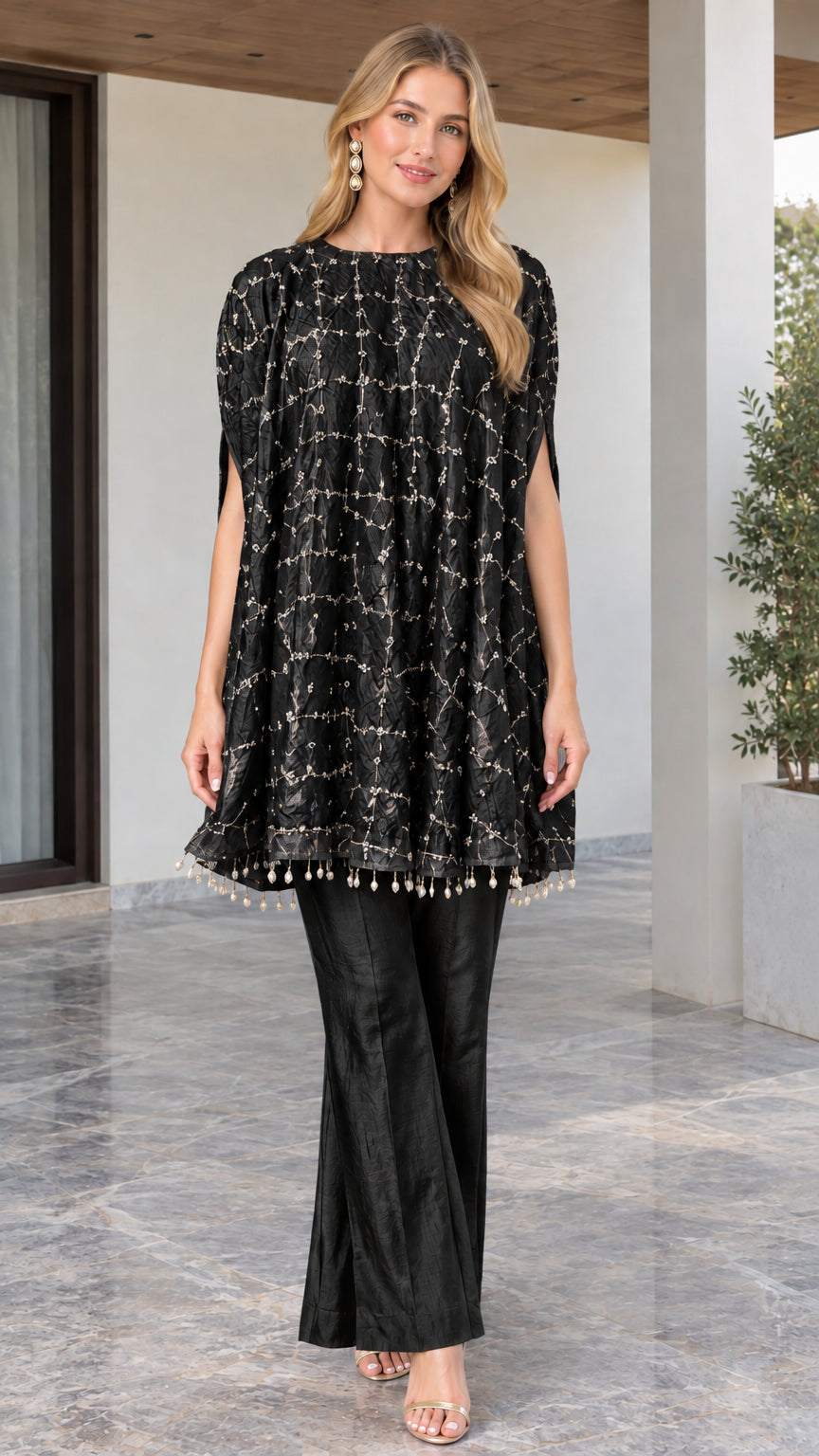 Black embroidered cape tunic and wide leg pant set front view