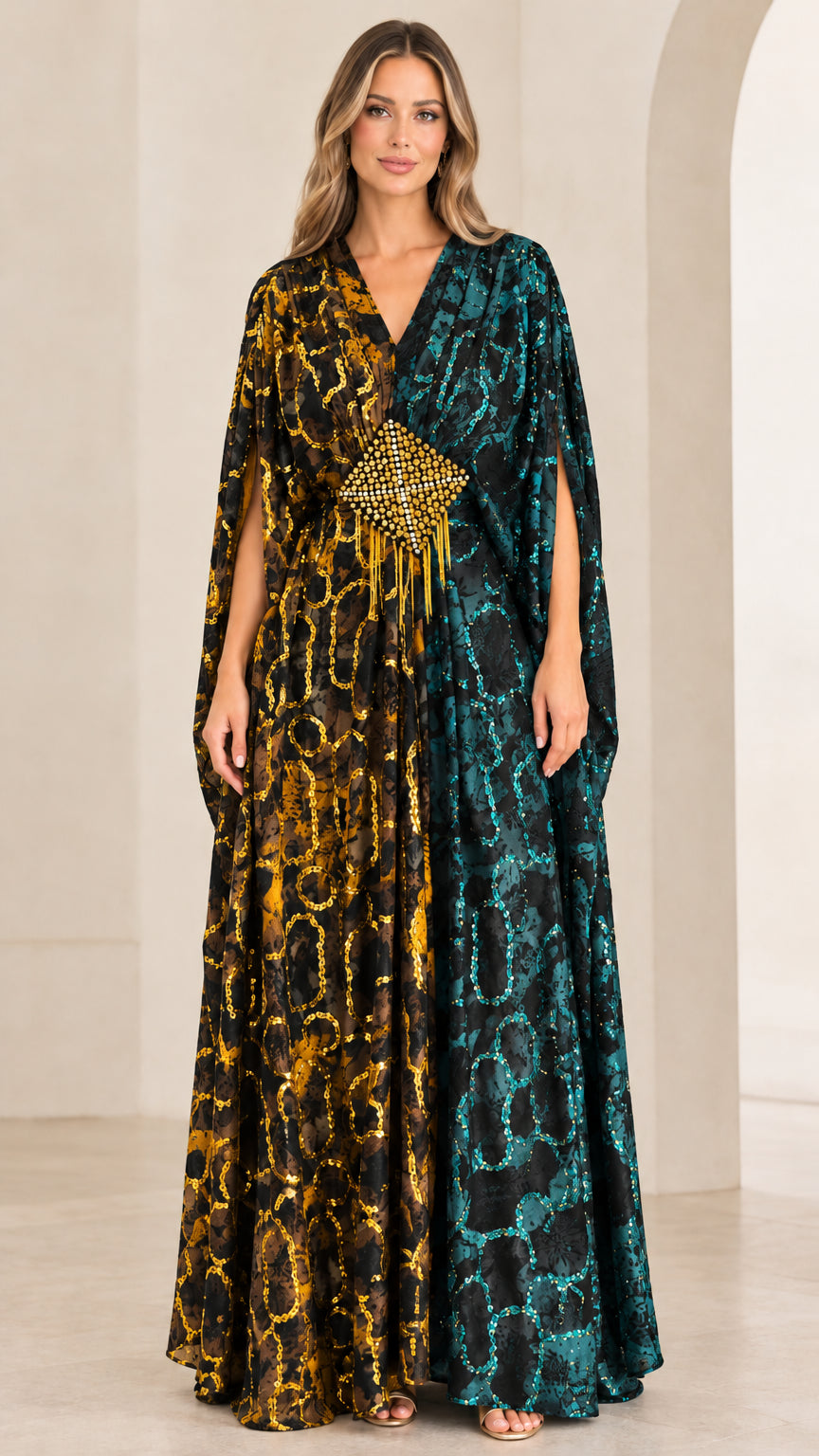 Black and gold embellished cape sleeve maxi kaftan gown