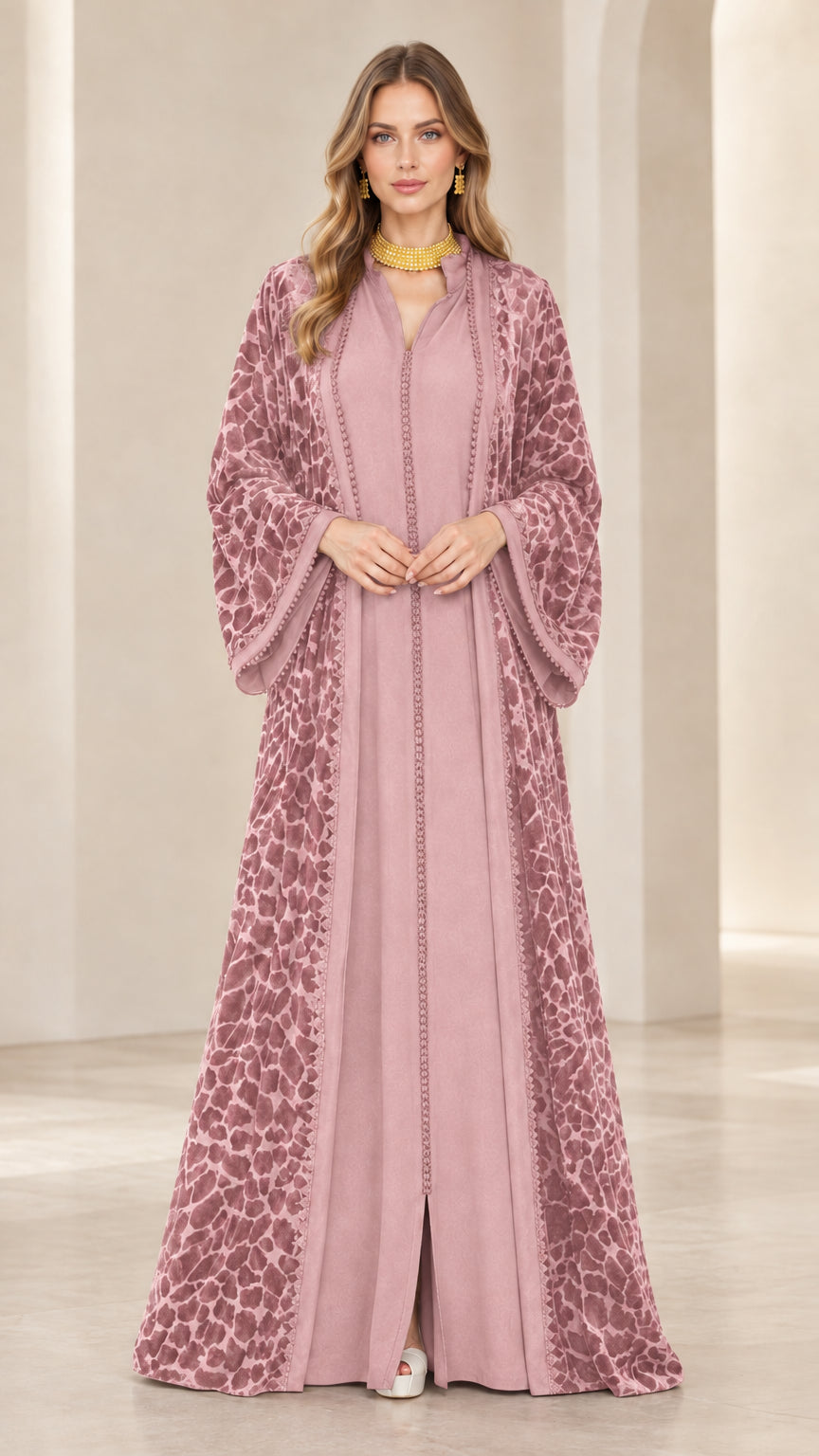 Dusty pink burnout velvet evening abaya gown