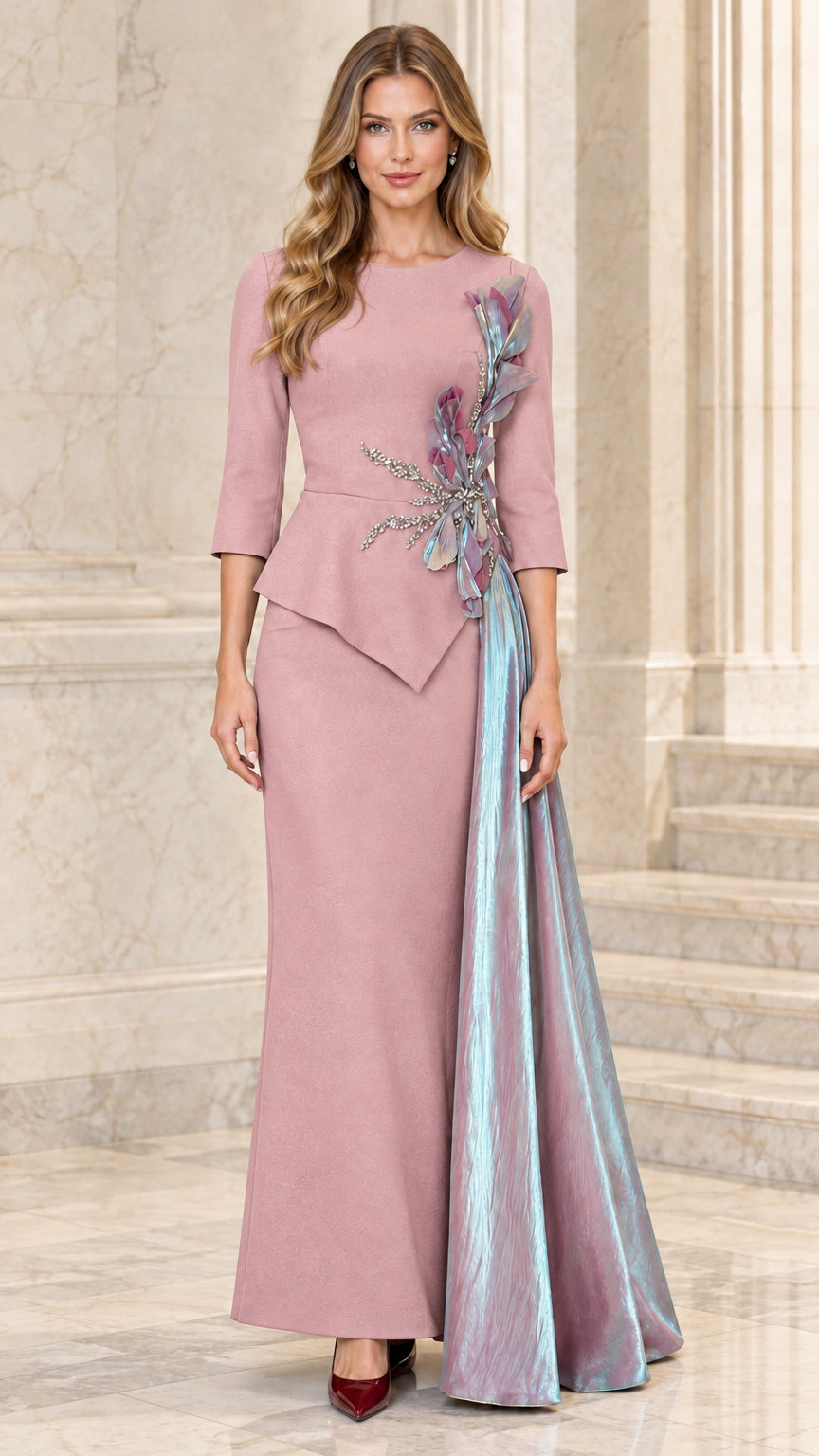 Front view of dusty pink peplum evening gown with embellished waist and iridescent drape