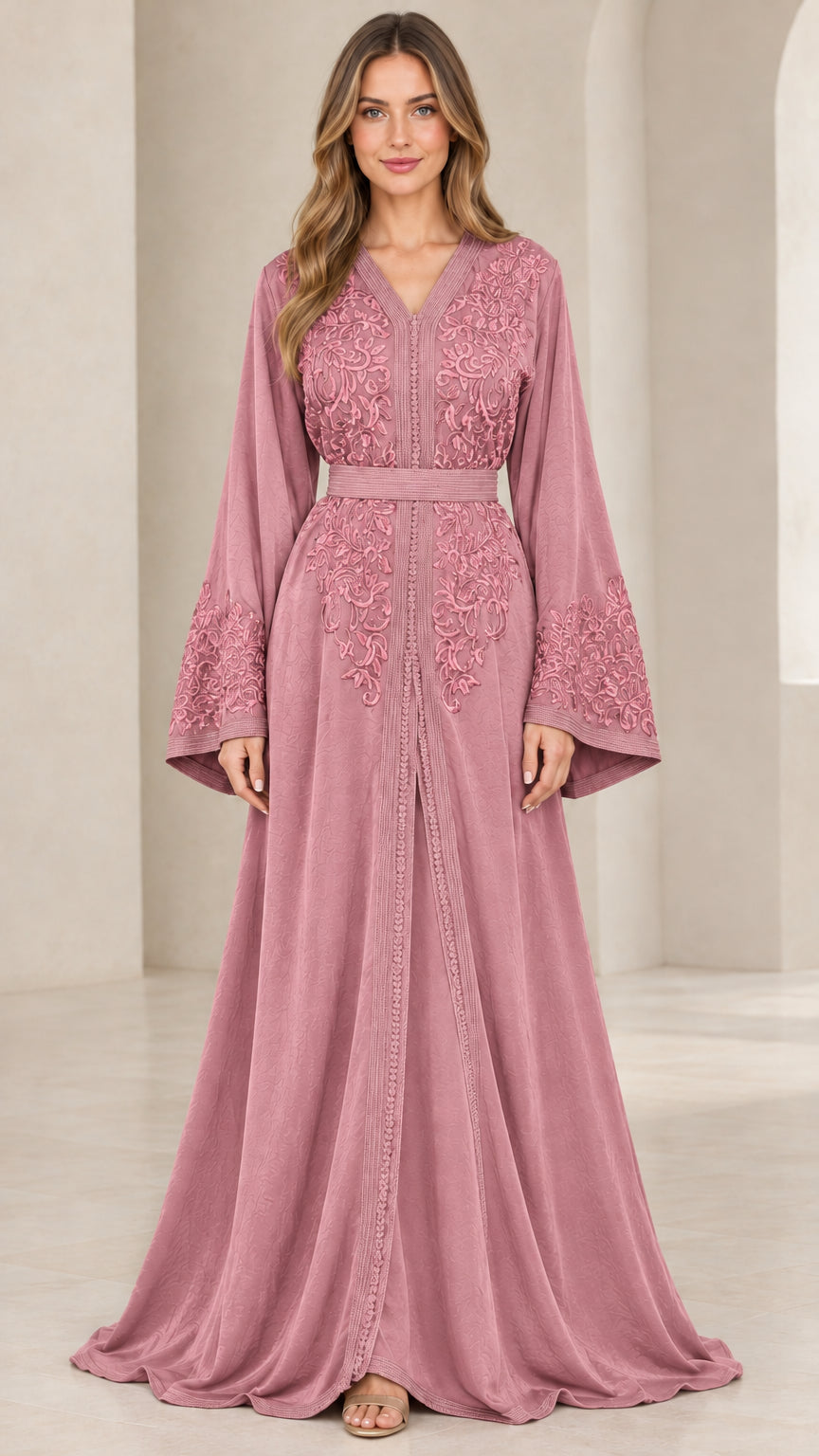 Dusty rose embroidered bell sleeve kaftan dress front view