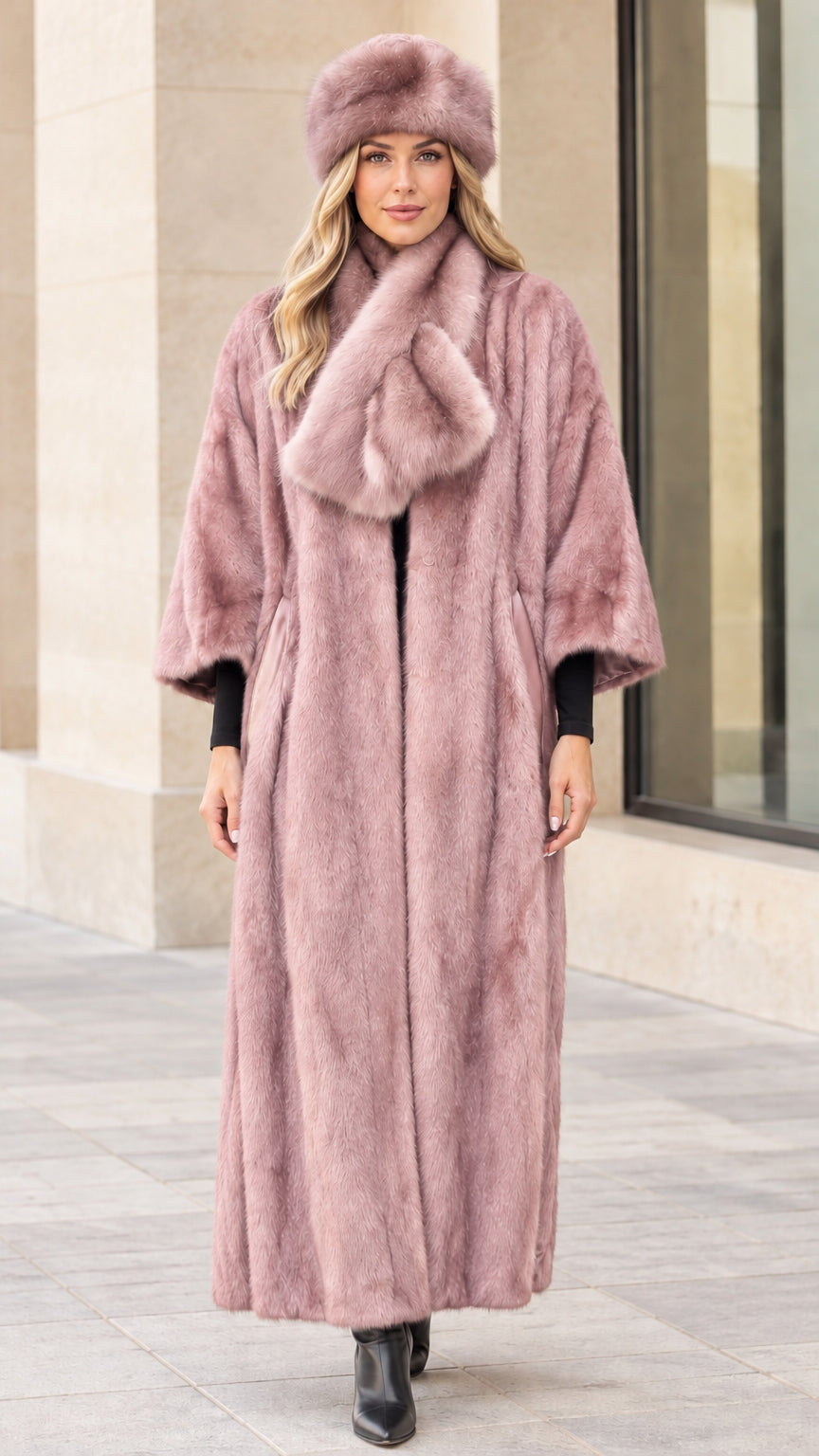Full-length view of women's maxi faux fur coat in dusty rose pink