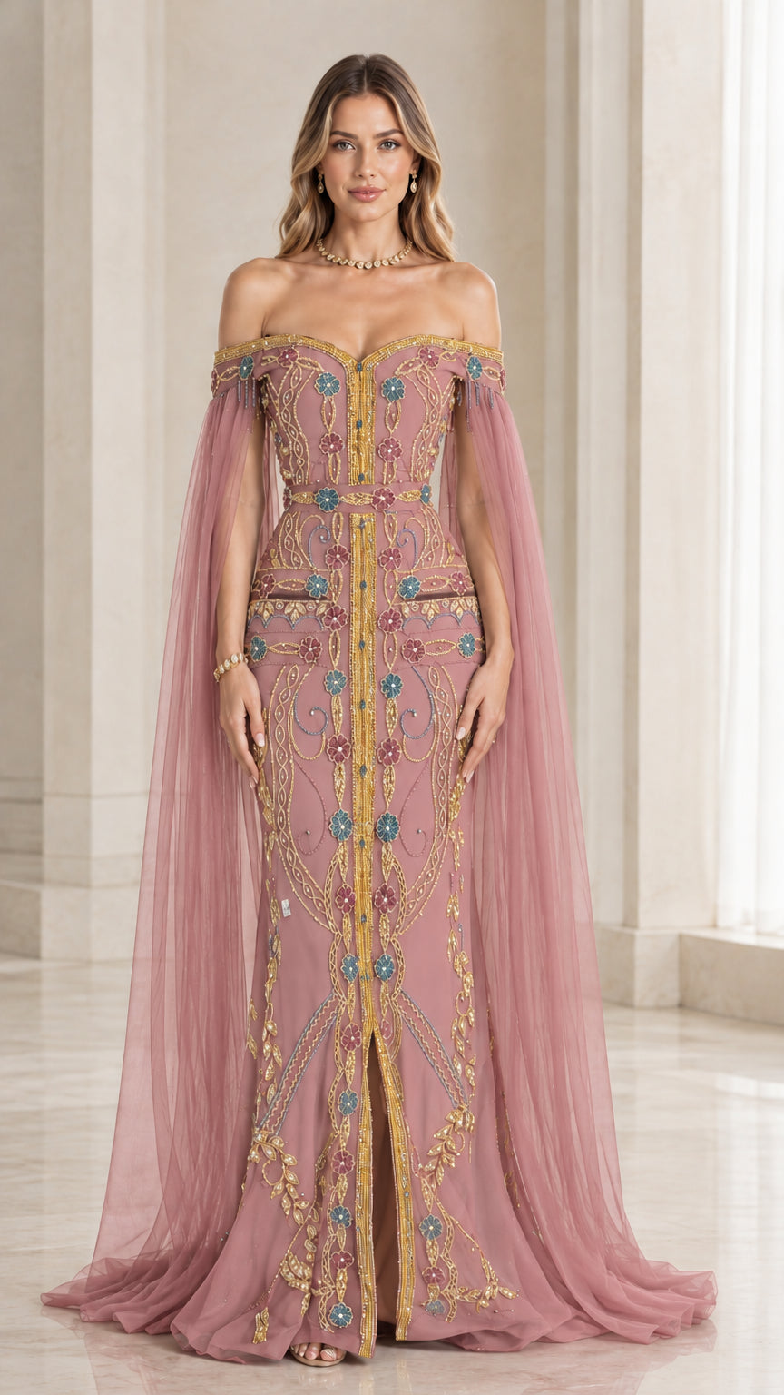 Front view of dusty rose off-the-shoulder embroidered formal gown with cape sleeves