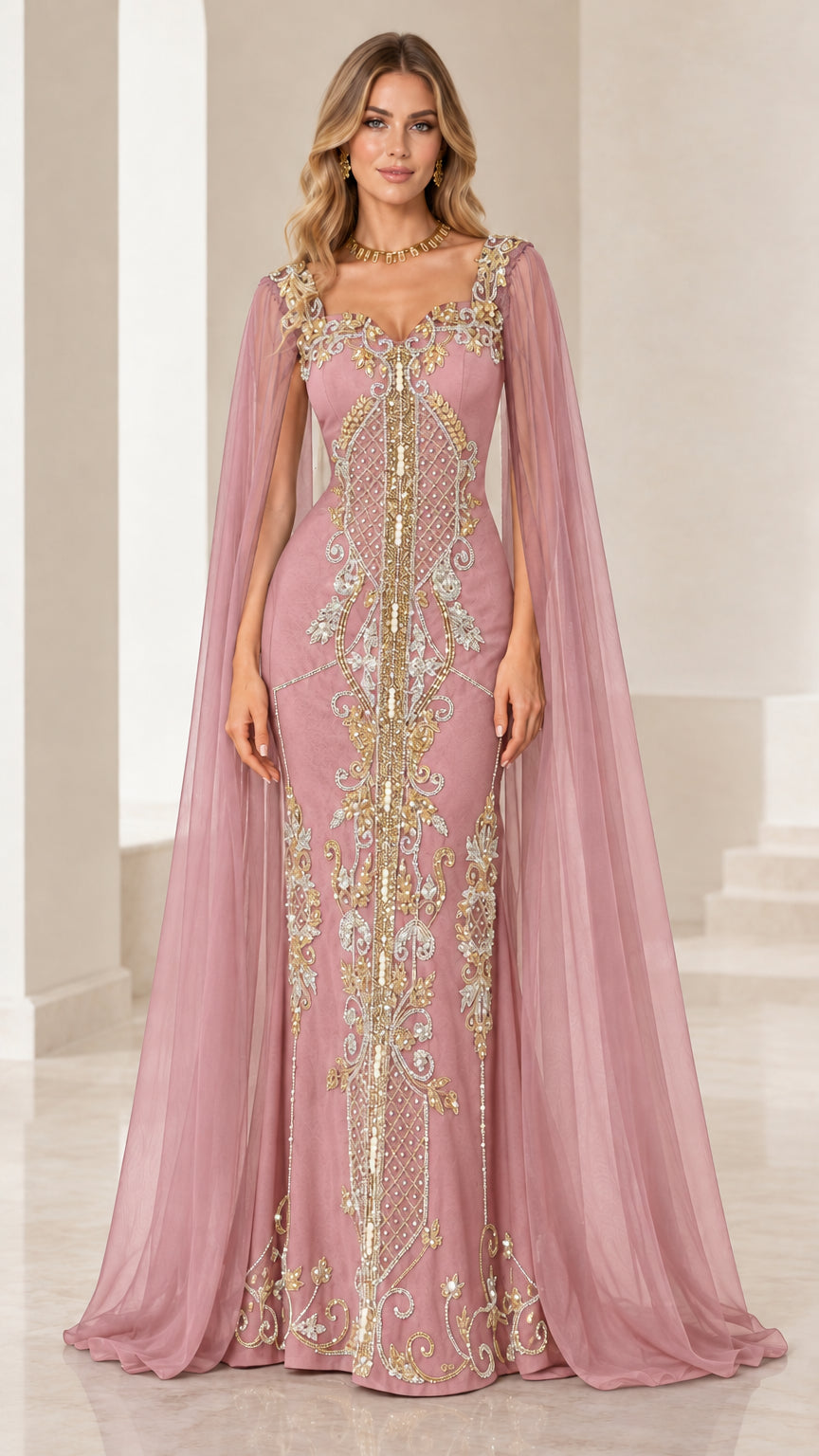 Dusty pink embroidered formal gown with sheer cape sleeves