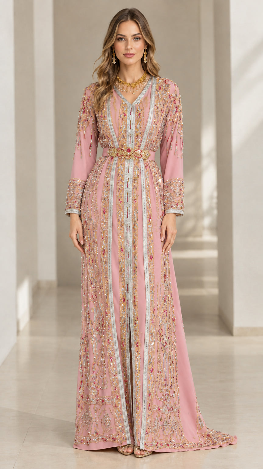 Full-length front view of model wearing Dusty Pink embroidered beaded formal caftan