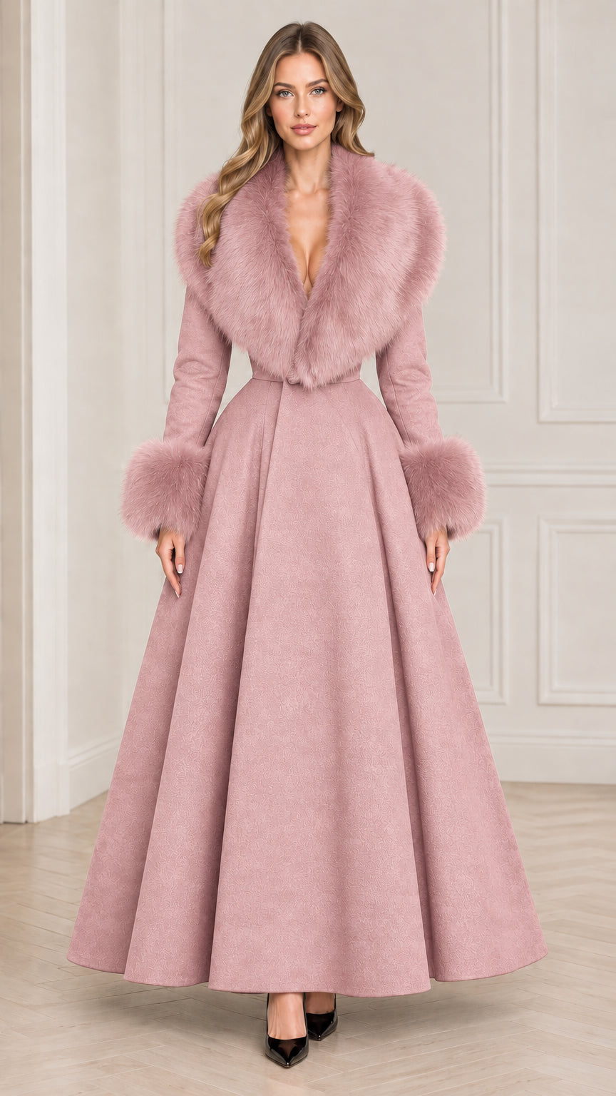Model wearing dusty pink maxi coat with matching plush fur trim