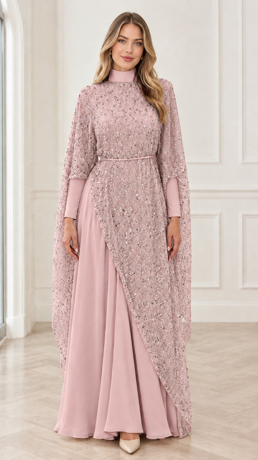 Dusty pink high neck sequin cape maxi formal dress