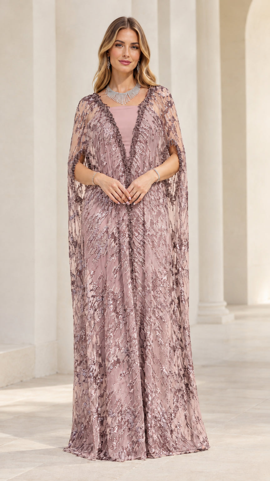 Dusty Rose sequined cape evening gown front view