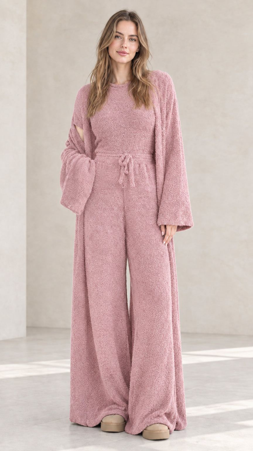 Dusty pink 3-piece fuzzy knit lounge set front view