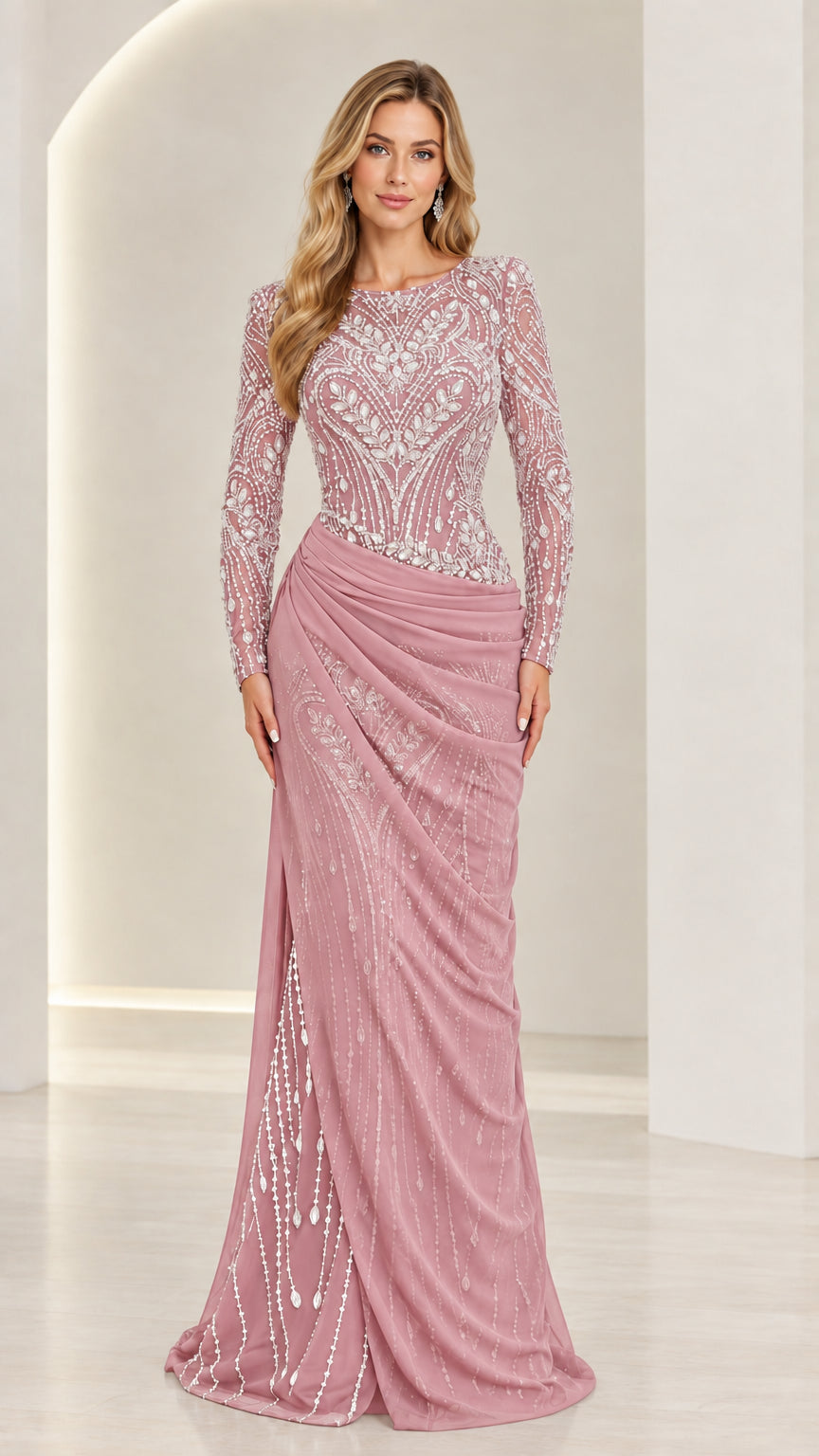 Dusty Rose sequin embellished long sleeve mother of the bride dress