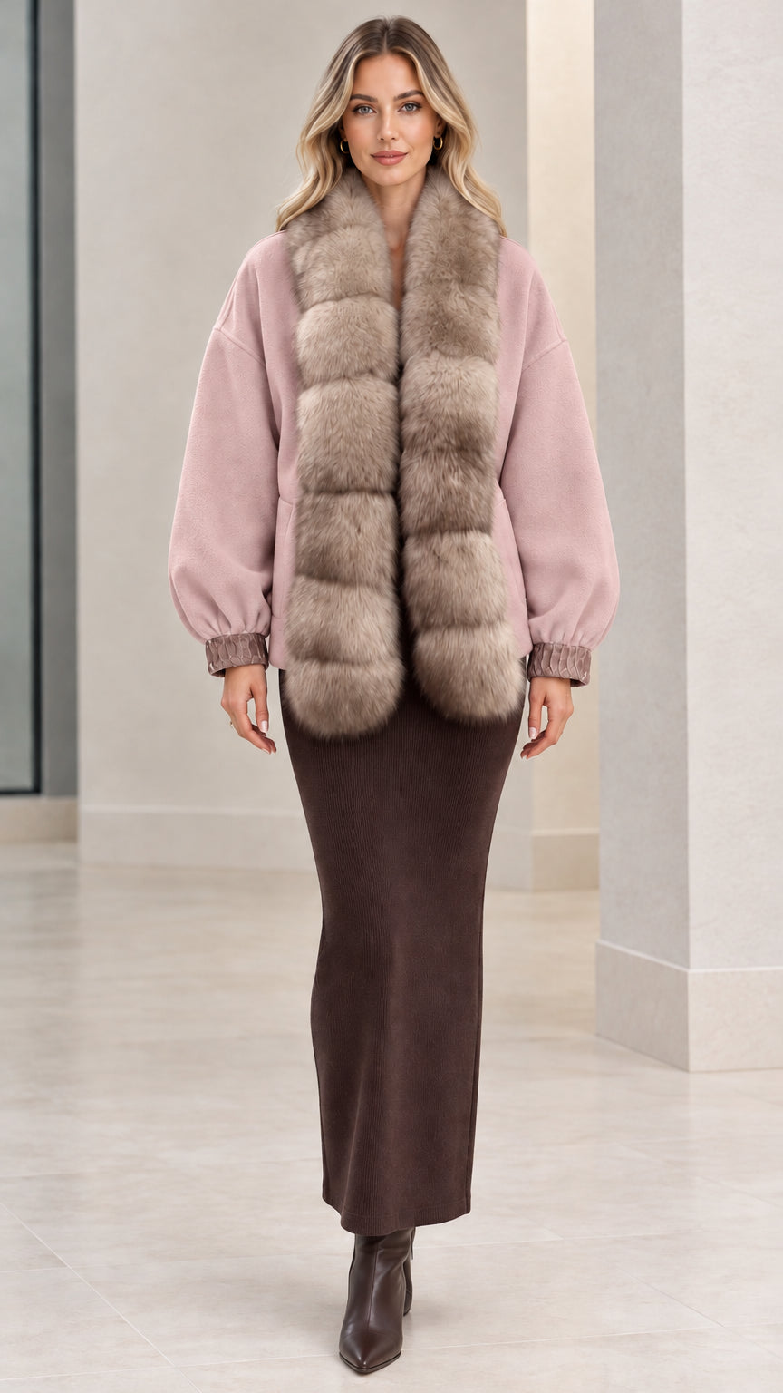 Front view of dusty pink short coat with taupe faux fur collar