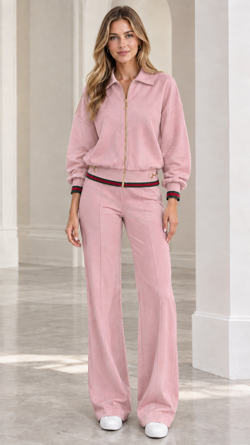 Full front view of women's dusty pink collared zip-up tracksuit set with wide-leg pants