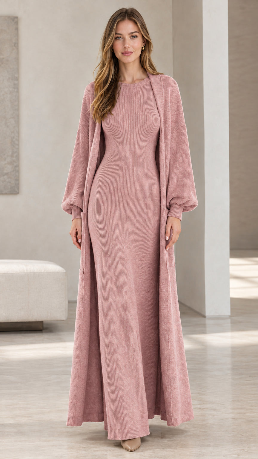 Front view of woman wearing dusty pink ribbed knit maxi dress and matching cardigan set