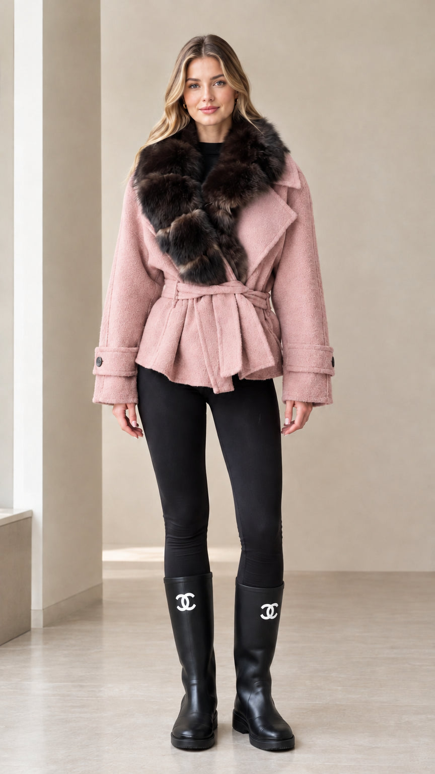 Front view of woman wearing dusty pink faux fur collar belted short jacket
