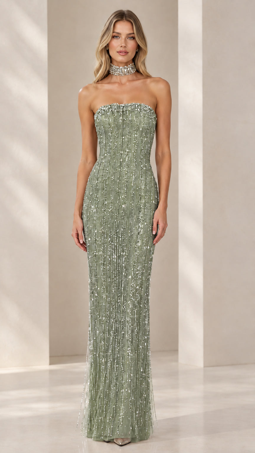 Front view of Sage Green strapless beaded evening gown with sparkling crystal trim