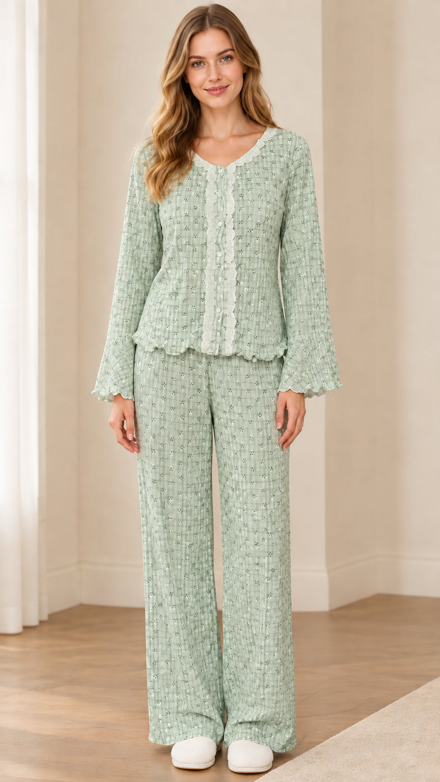 Front view of model wearing Sage Green floral lace-trim pajama set