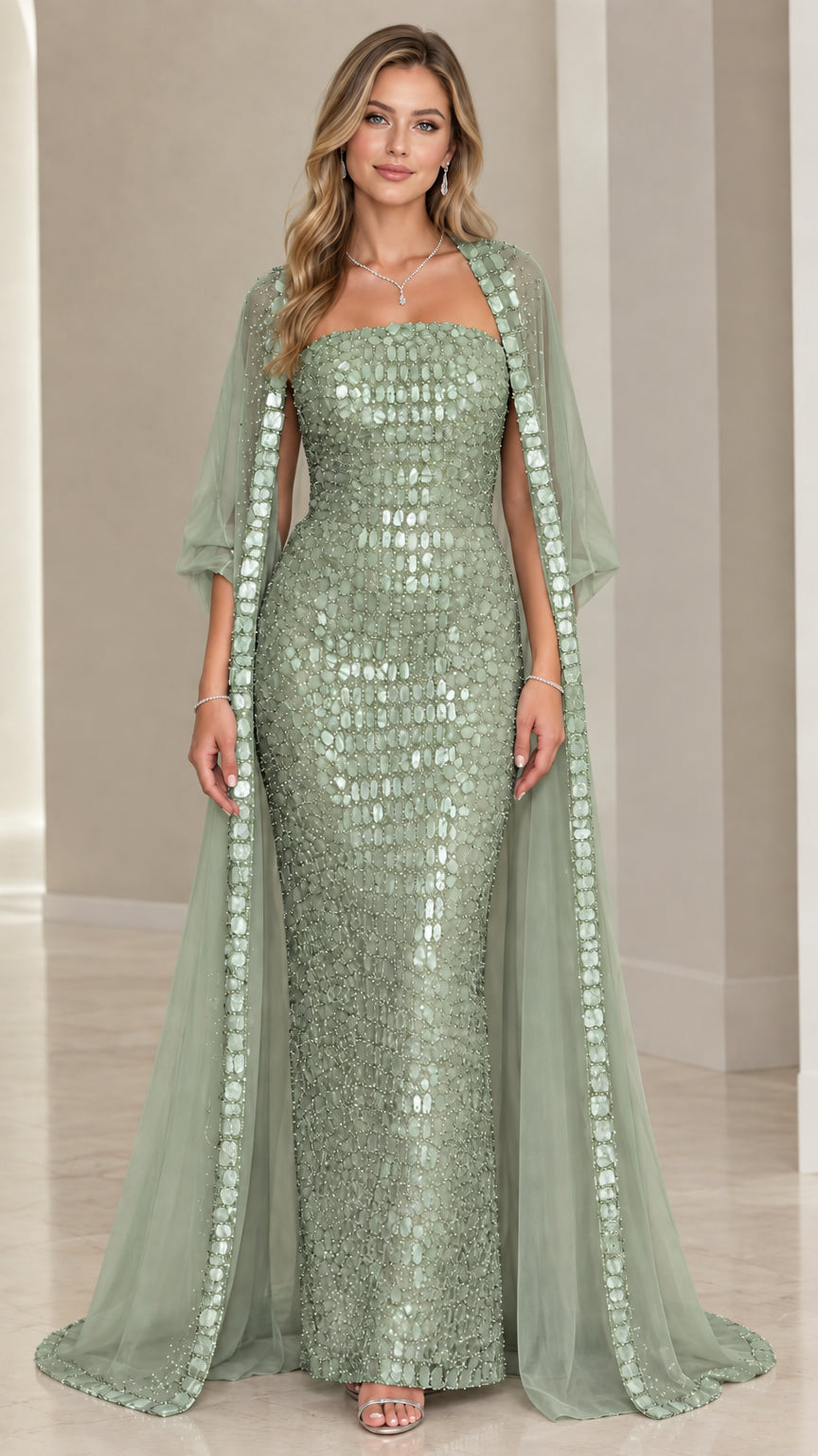 Sage green strapless formal evening dress with sheer embellished floor-length cape