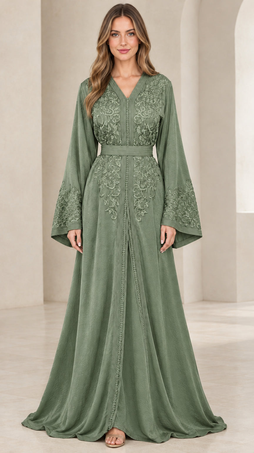 Sage green embroidered V-neck kaftan maxi dress front view