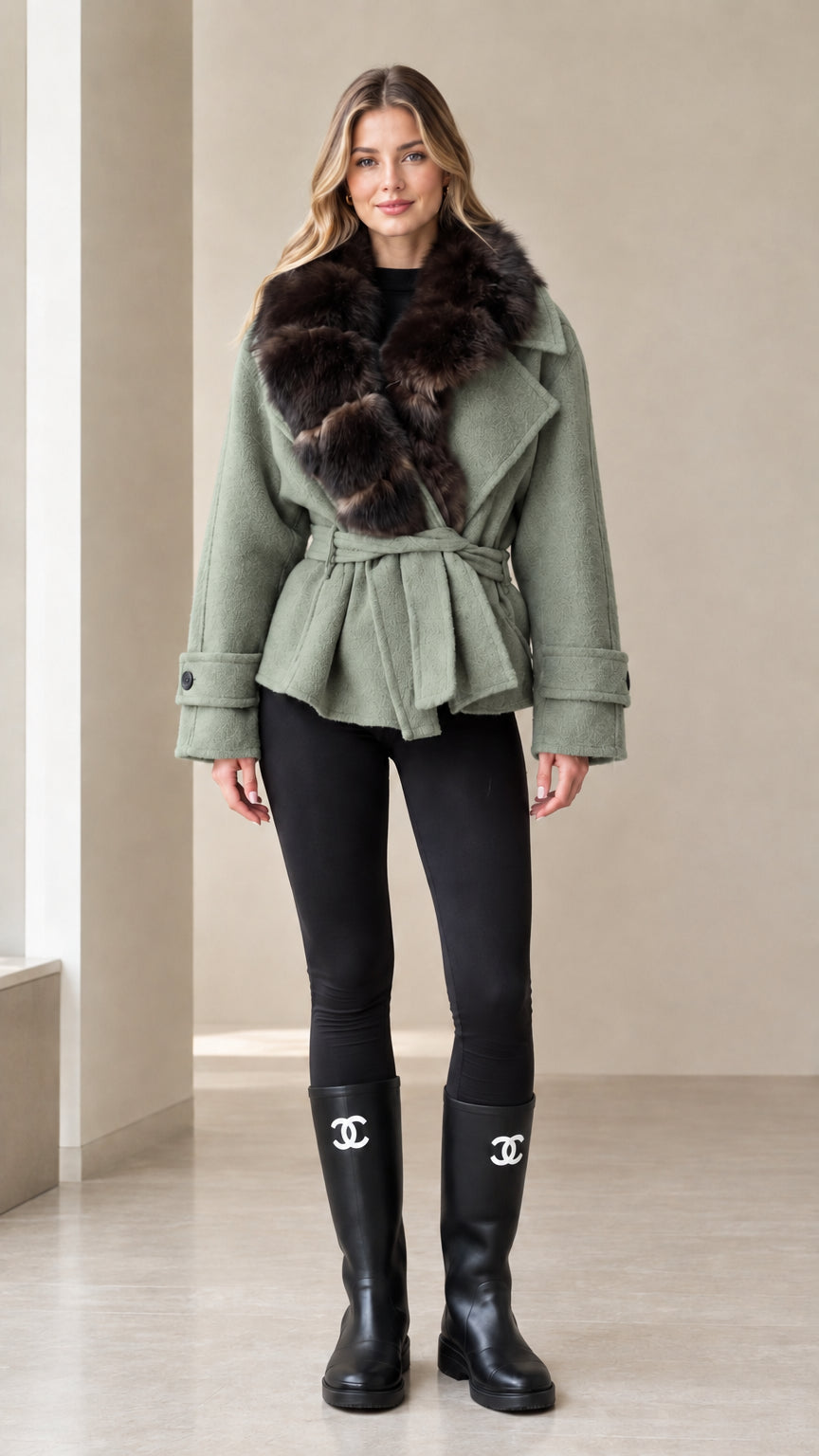 Front view of woman wearing sage green faux fur collar belted short jacket