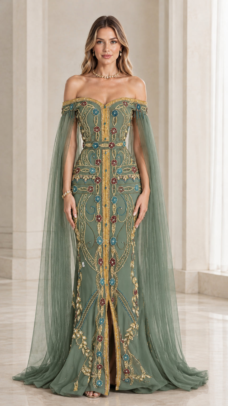 Front view of sage green off-the-shoulder embroidered evening dress with cape draping