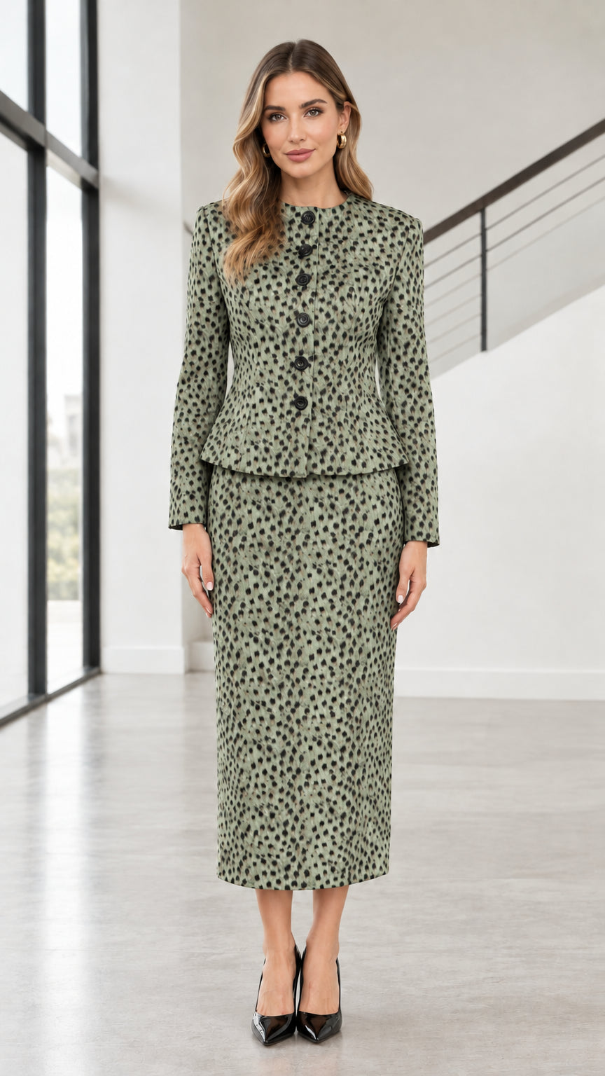 Full front view of model wearing sage green animal print skirt suit set