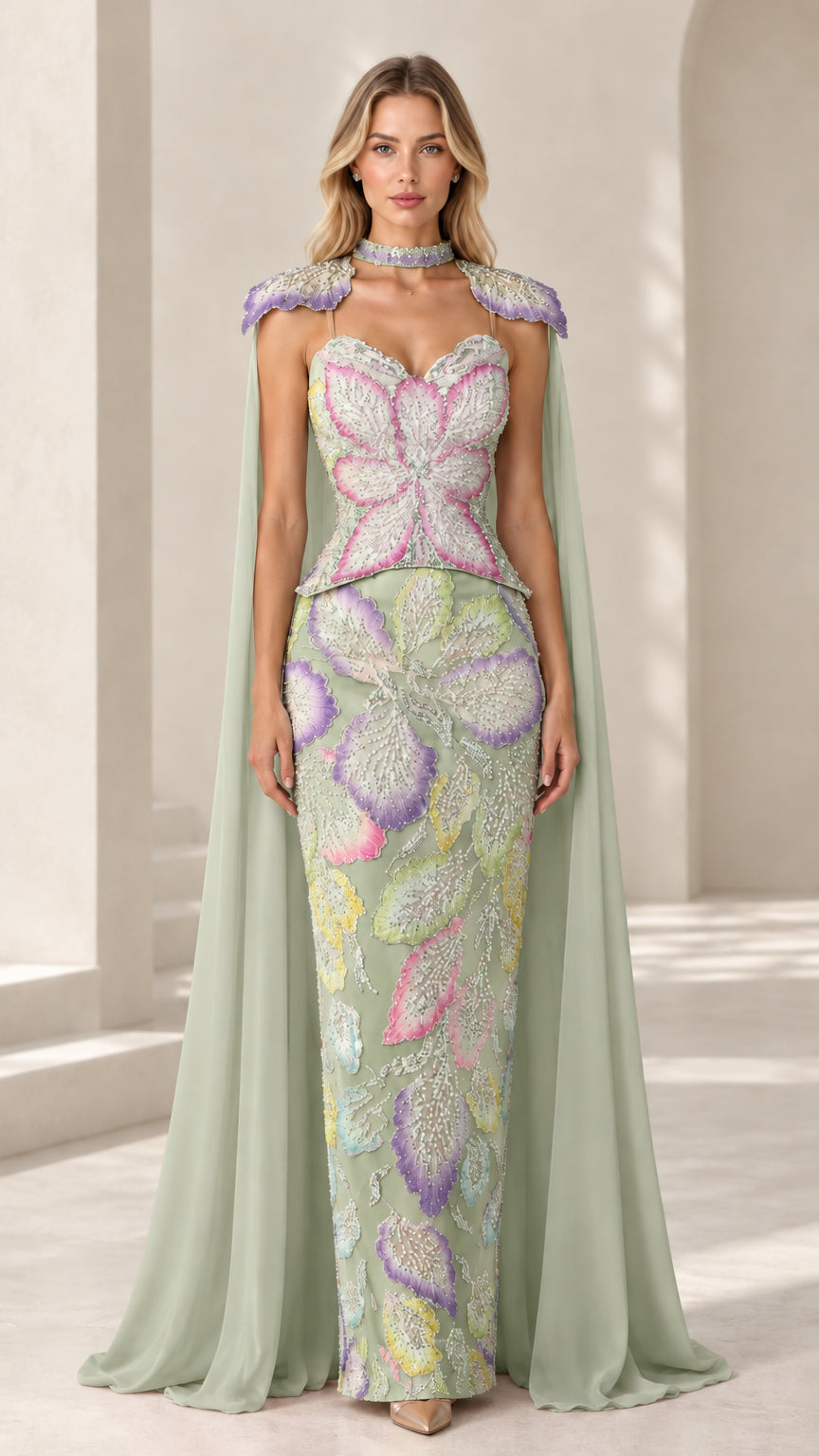 Sage green beaded evening dress with soft green matching floor-length cape