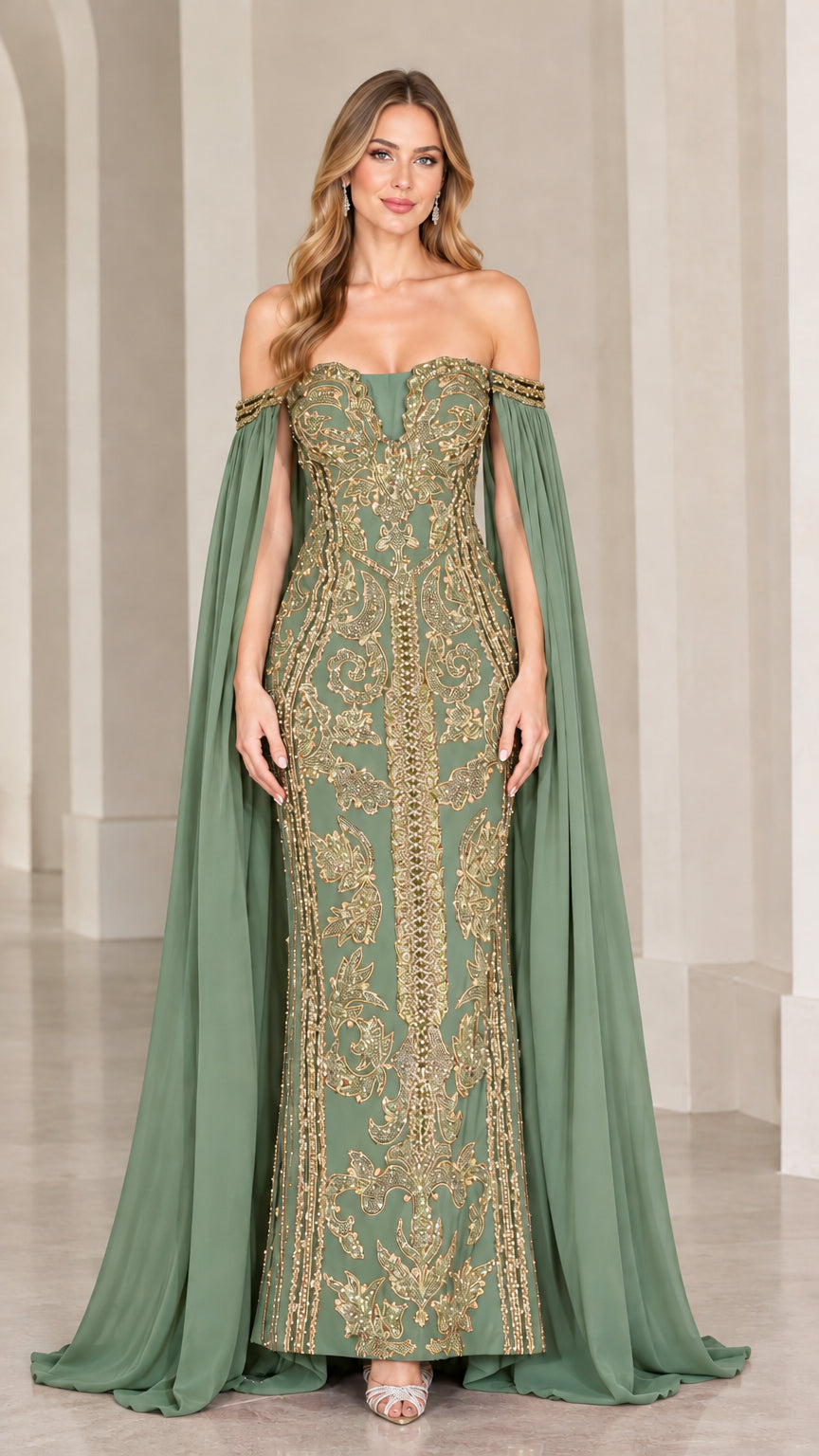 Sage green and gold embroidered off-the-shoulder formal gown with cape sleeves