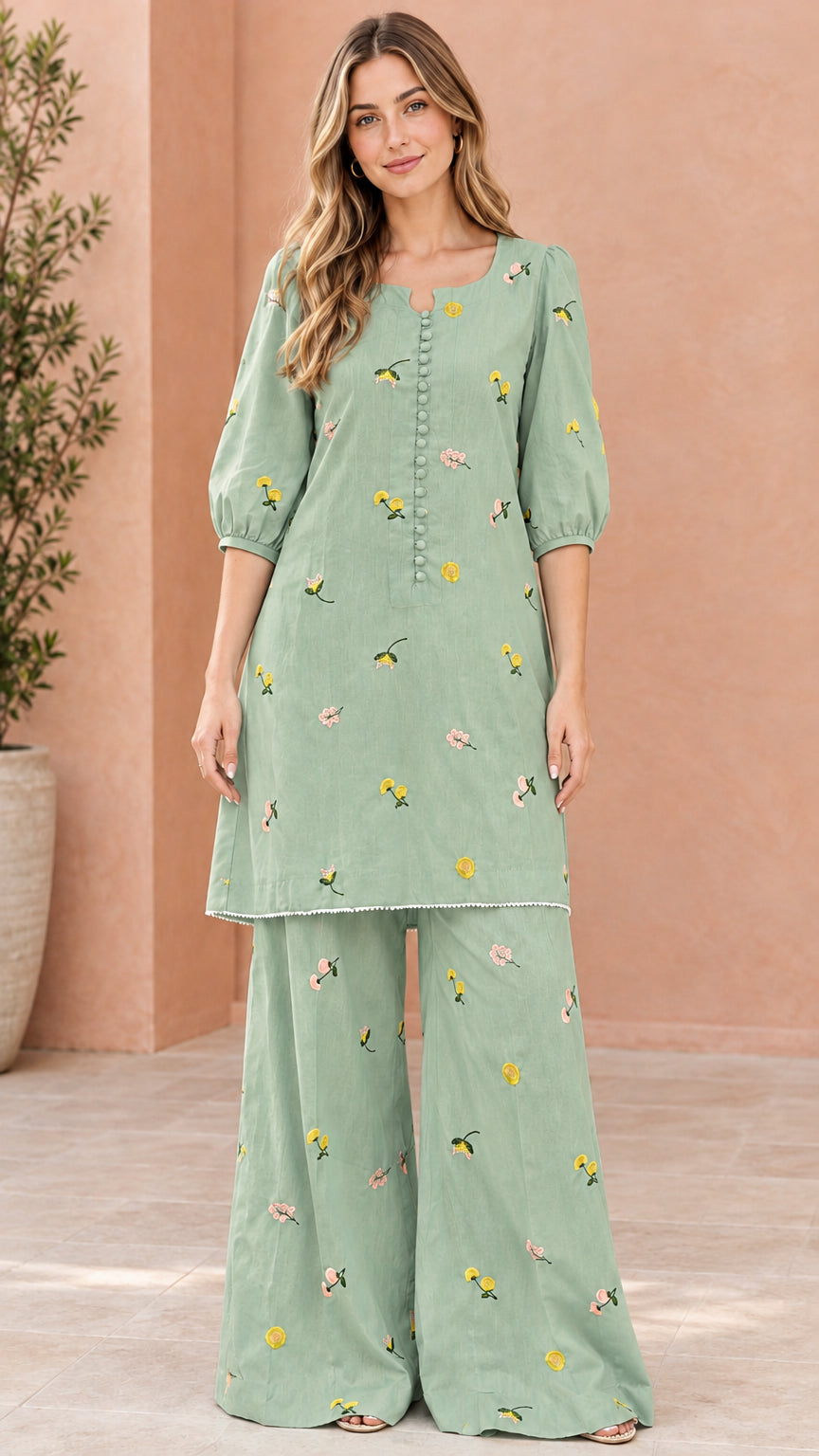 Sage green embroidered long tunic top and wide-leg pants outfit