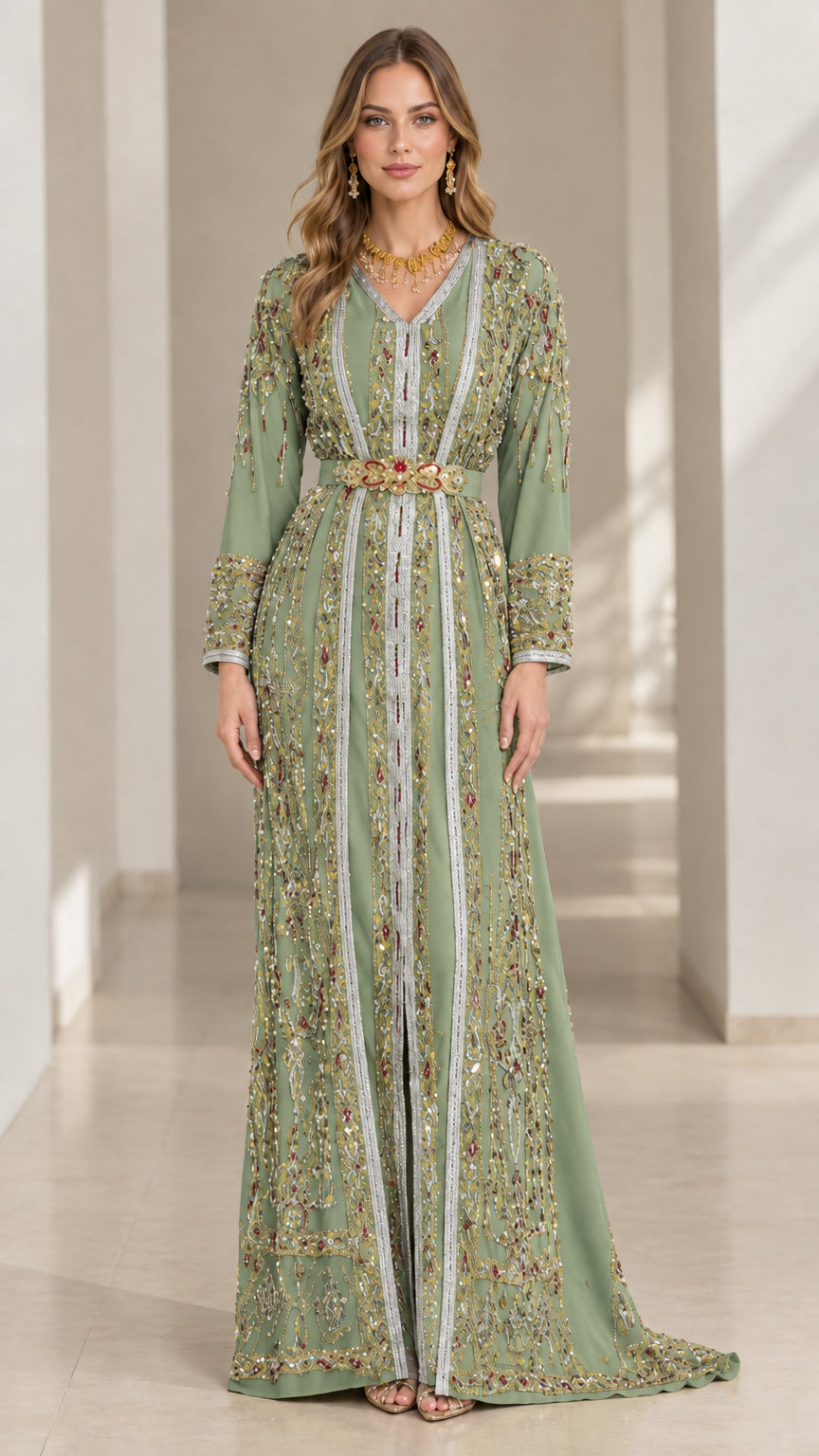 Full-length front view of model wearing Sage Green ornate Moroccan caftan maxi dress