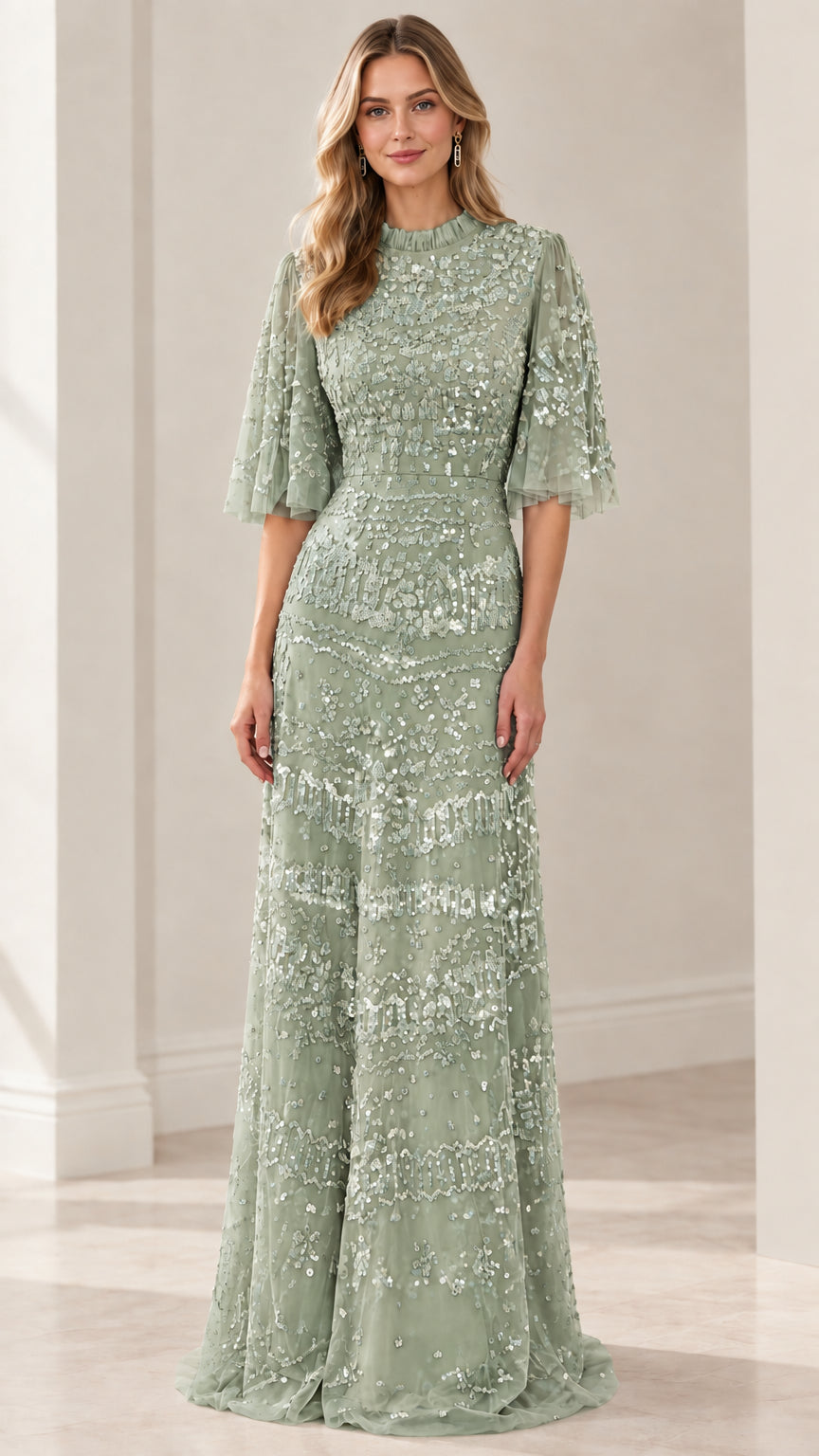 Front view of sequin flutter sleeve formal evening dress in sage green