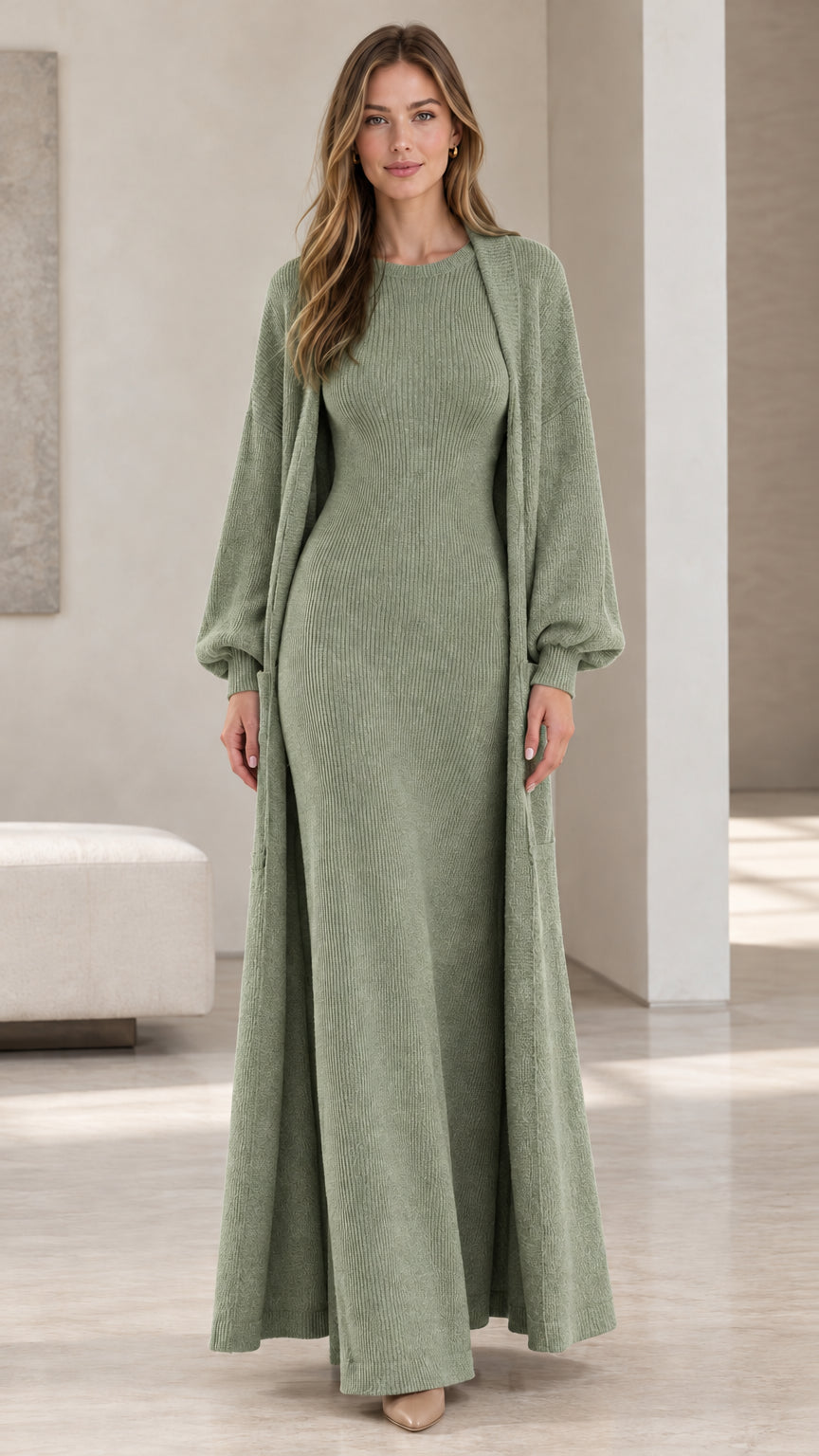 Front view of woman wearing sage green ribbed knit maxi dress and long cardigan set