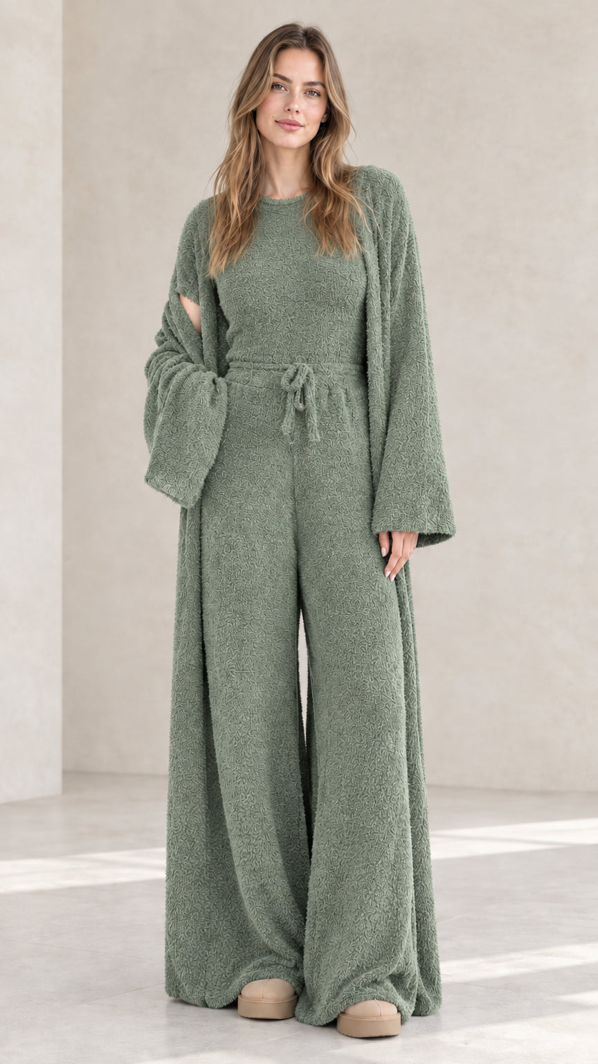 Sage green 3-piece plush knit matching lounge set
