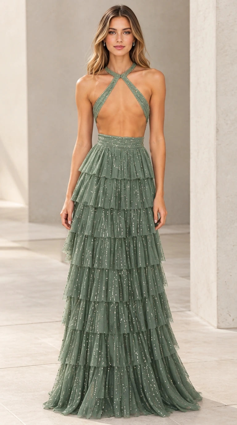 Sage Green glitter halter neck tiered tulle evening dress