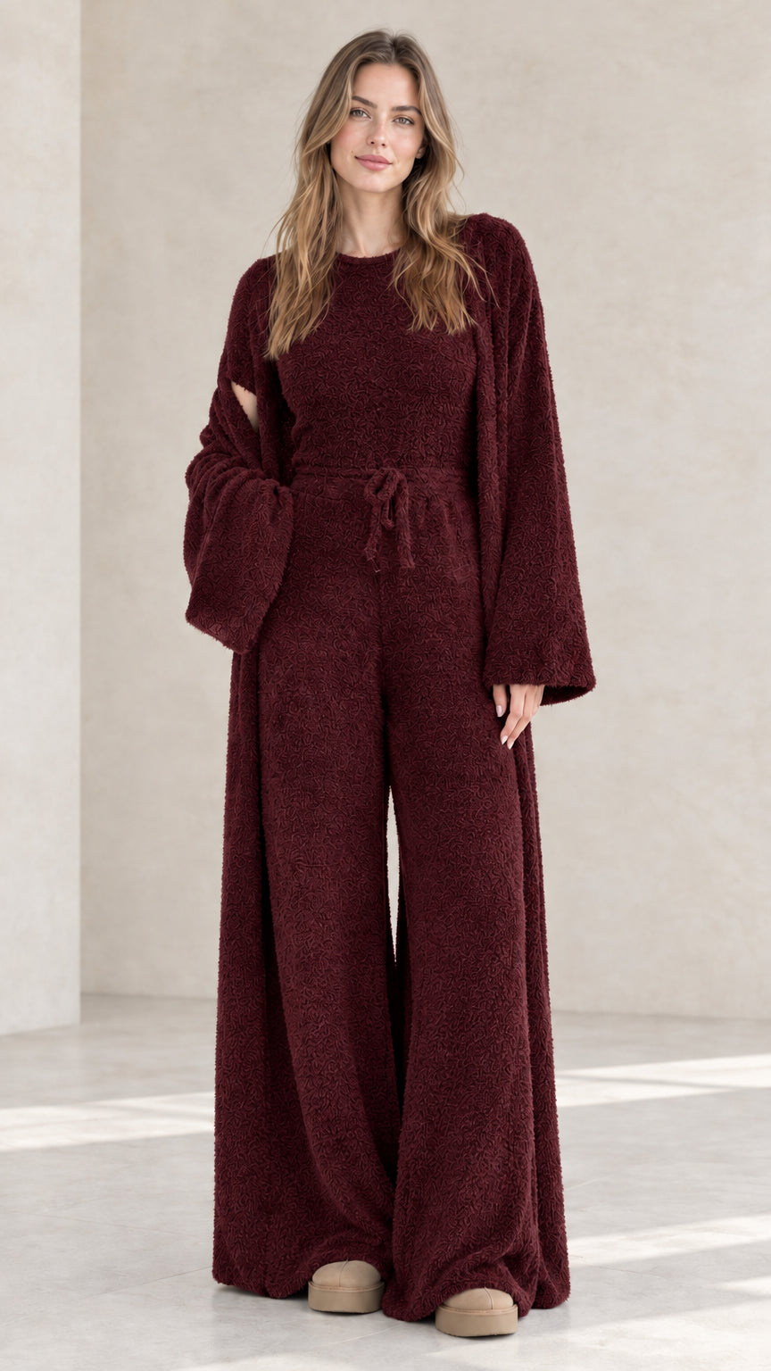 Burgundy wine 3-piece fuzzy knit loungewear set