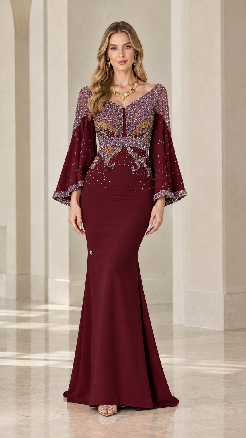 Burgundy wine red embellished mermaid gown with flared bell sleeves