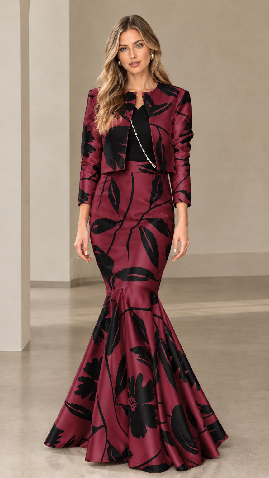 Front view of burgundy wine and black floral cropped jacket and mermaid skirt set