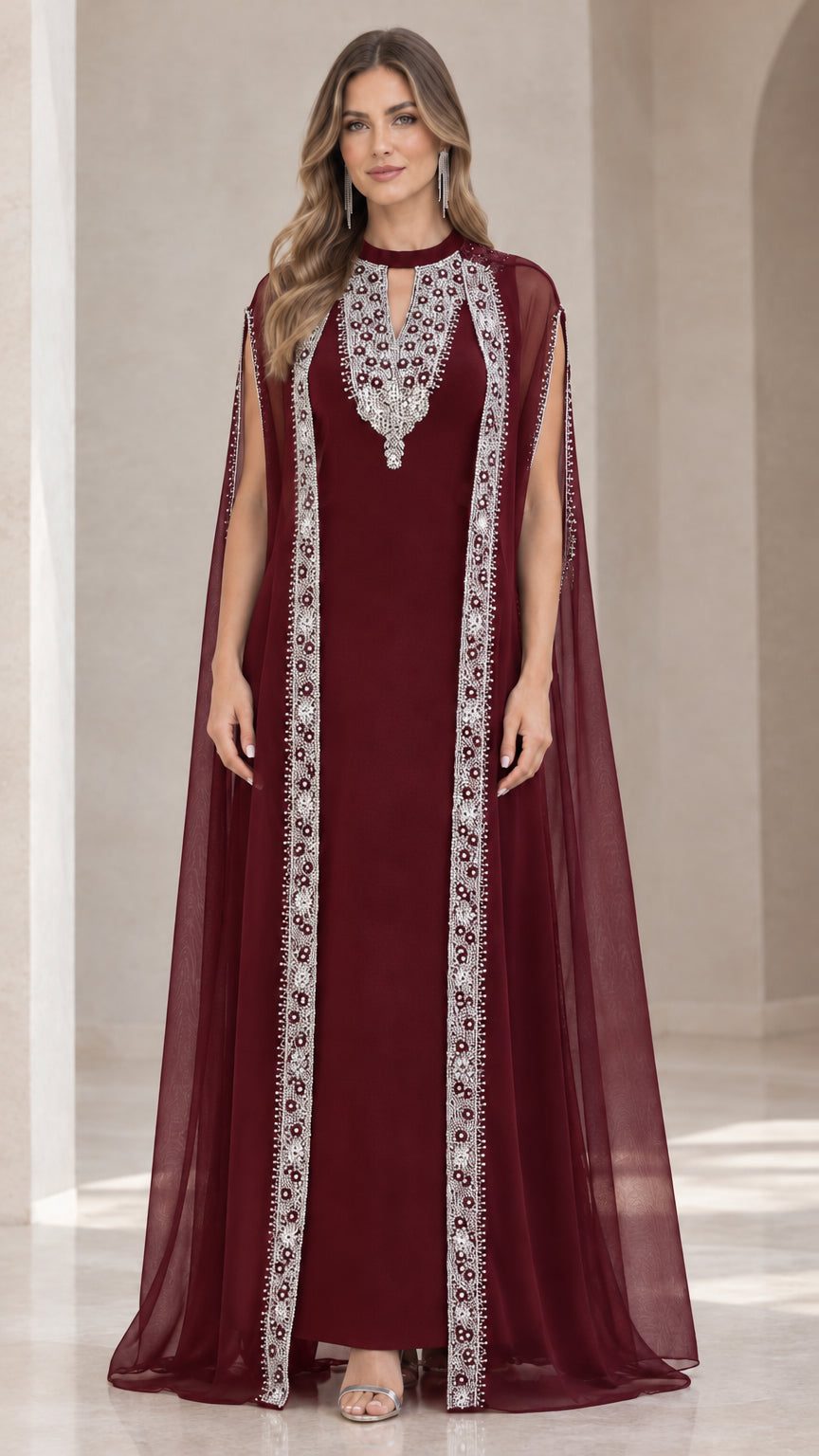 Burgundy wine red embellished cape evening dress for formal occasions