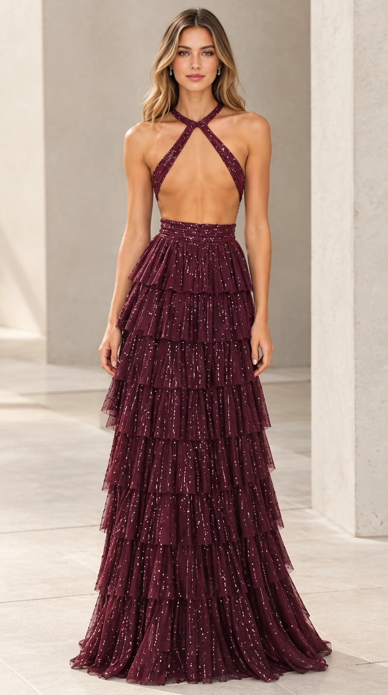 Burgundy wine red glitter halter tiered tulle cutout maxi gown