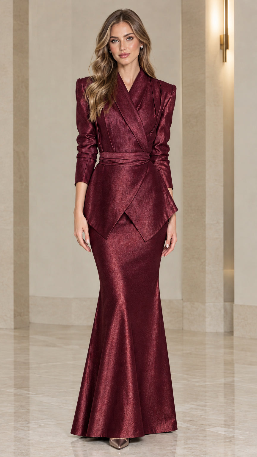Front view of rich burgundy shimmer peplum mermaid maxi dress