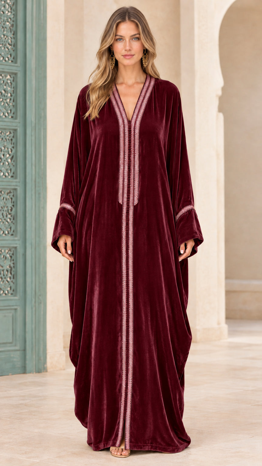 Burgundy wine red embroidered velvet kaftan maxi dress front view