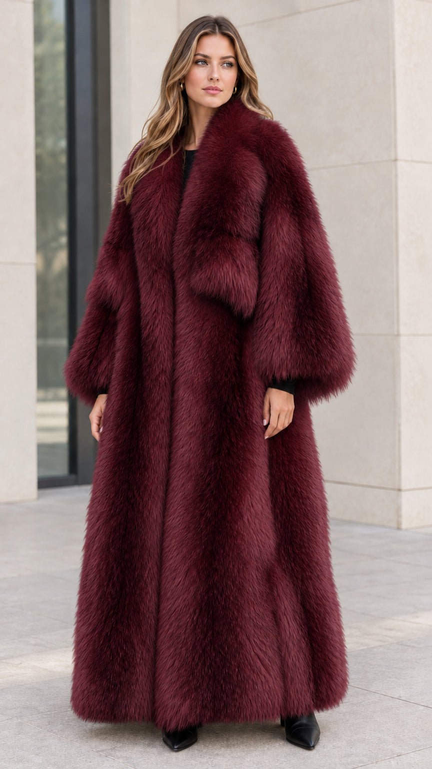 Model wearing Burgundy red frosted floor-length faux fur maxi coat