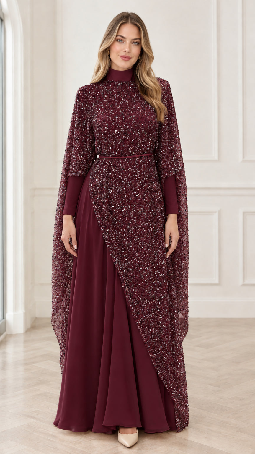 Burgundy wine high neck sequin cape maxi evening dress