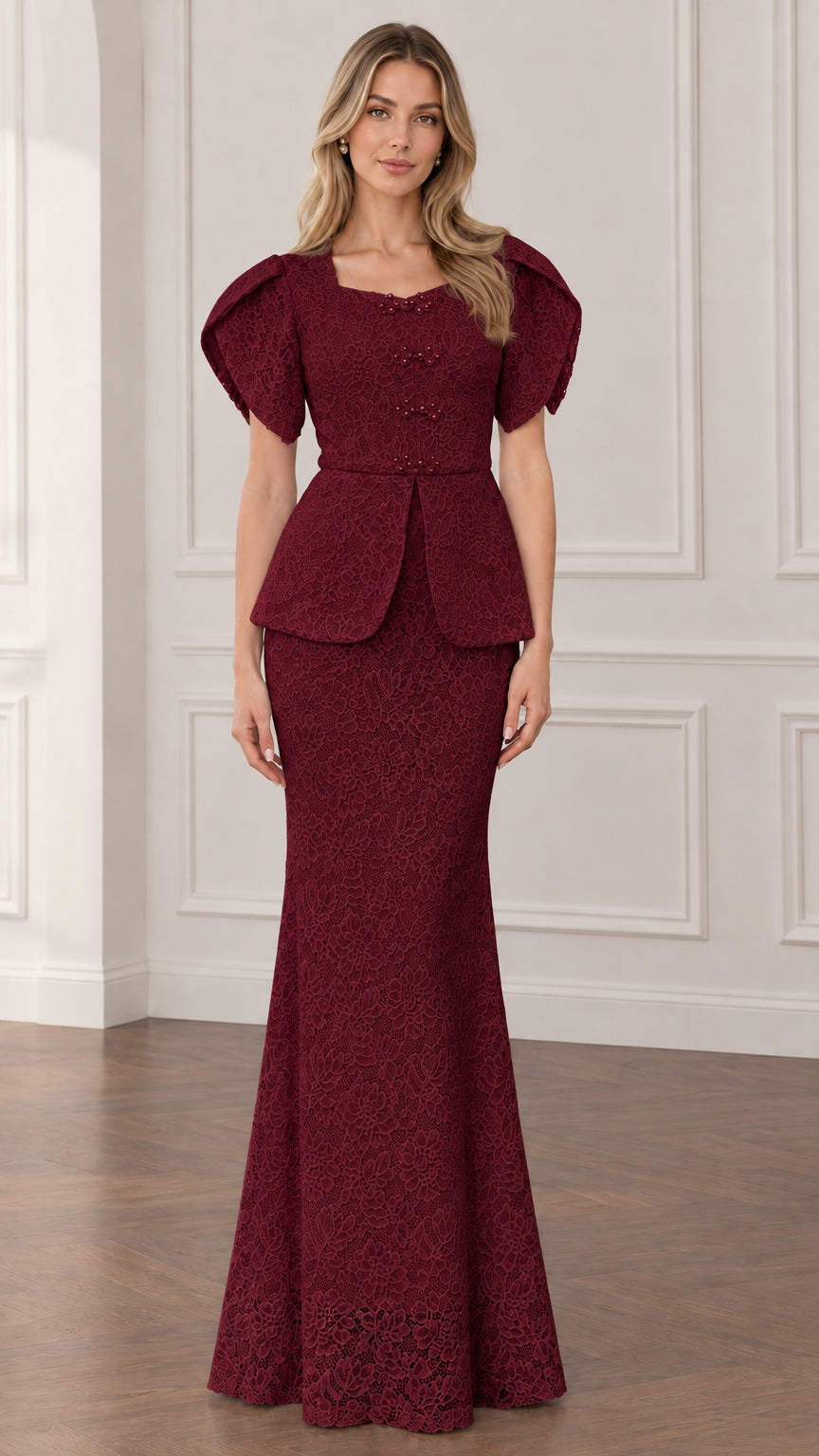 Front view of burgundy wine lace peplum floor-length formal gown